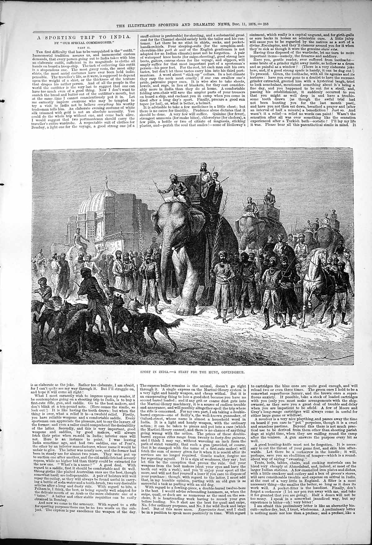Original Old Antique Print 1875 Sport India Hunting Govindghur Elephants 19th