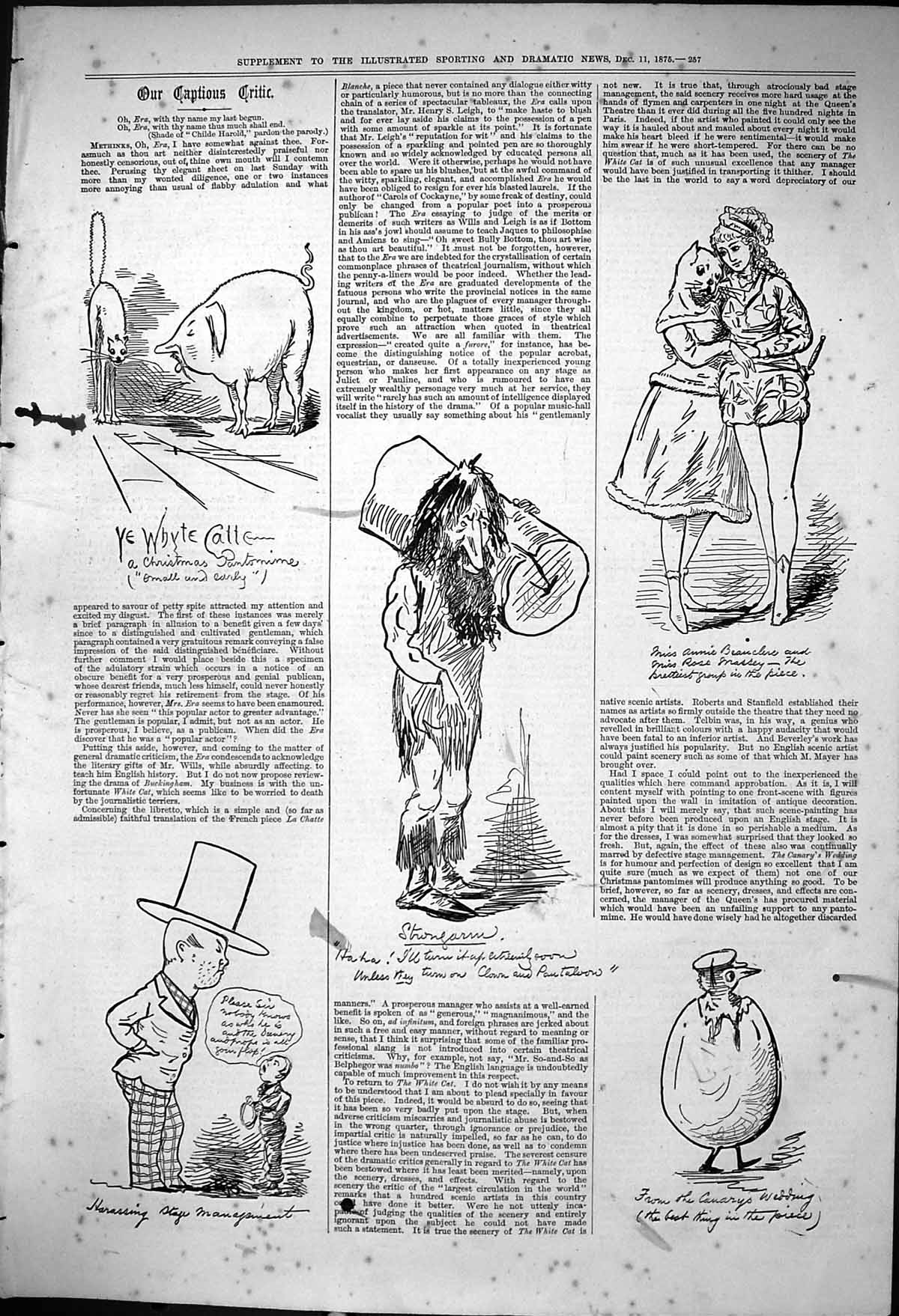 Original Old Antique Print 1875 Captious Critic Theatre Animals Strongman 19th