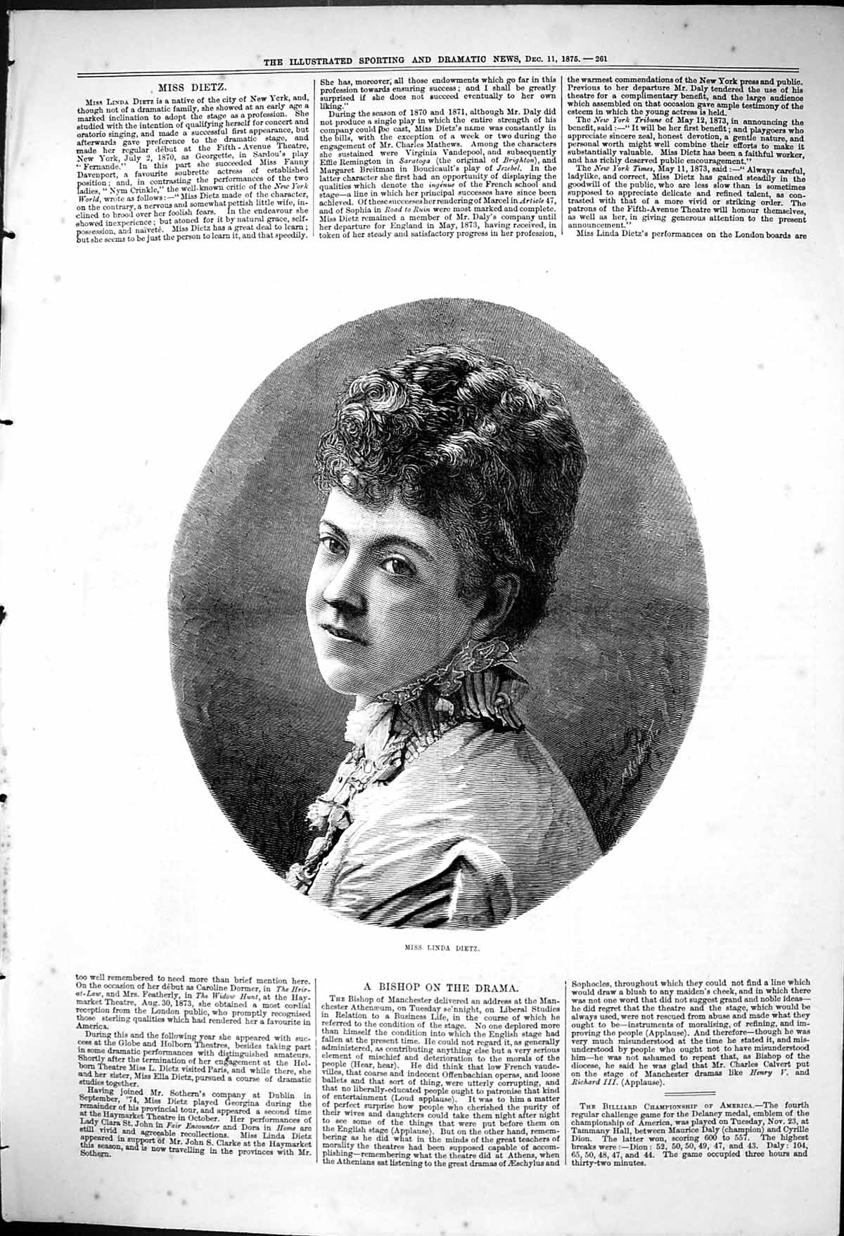 Original Old Antique Print 1875 Portrait Miss Linda Dietz Beautiful Woman 19th