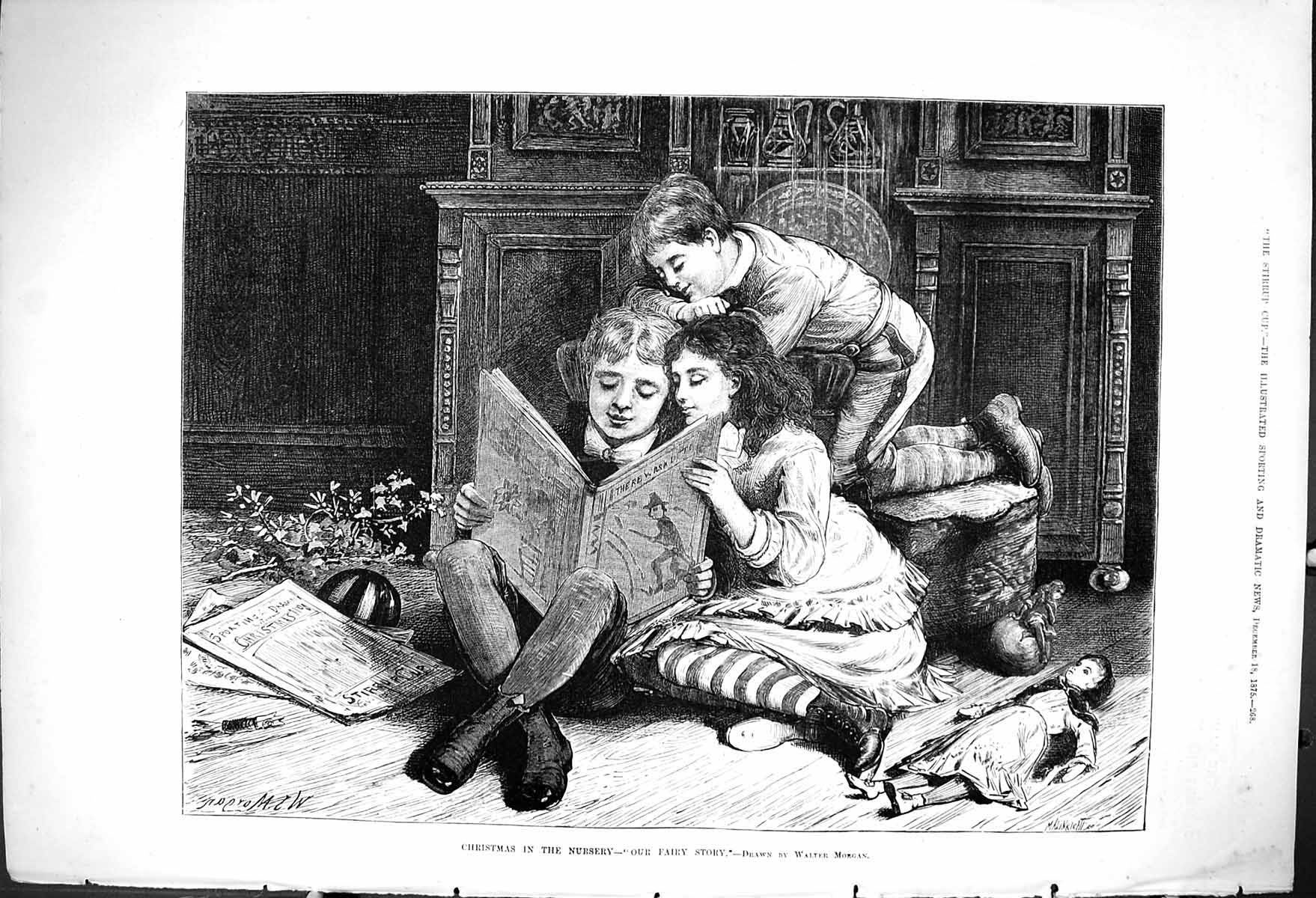 Old Print 1875 Christmas Scene Nursery Children Reading Book Fairy Story 19th
