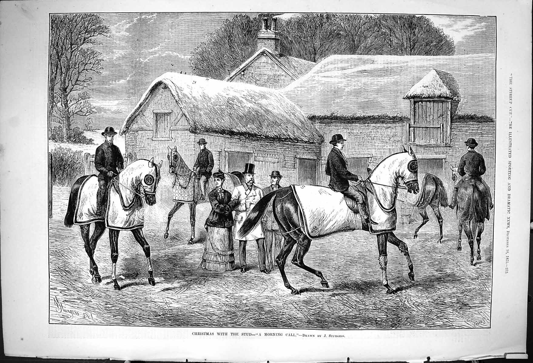 Original Old Antique Print 1875 Christmas Stud Horses Trainers Stable Scene