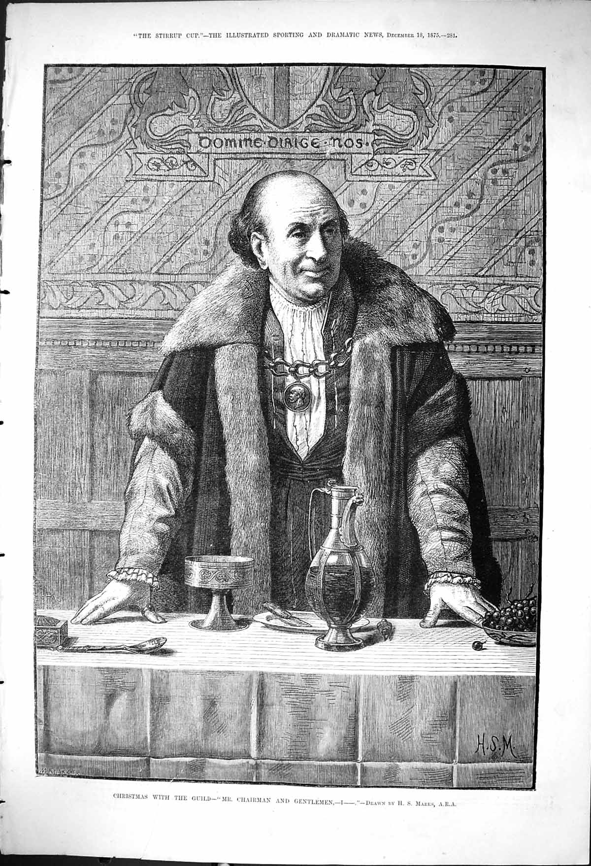 Antique Old Print 1875 Christmas Guild Chairman Gentleman Banquet Table Marks