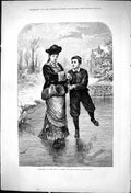 Old Antique Print 1875 Christmas Ice Lesson Love Skating Man Lady Romance 19th