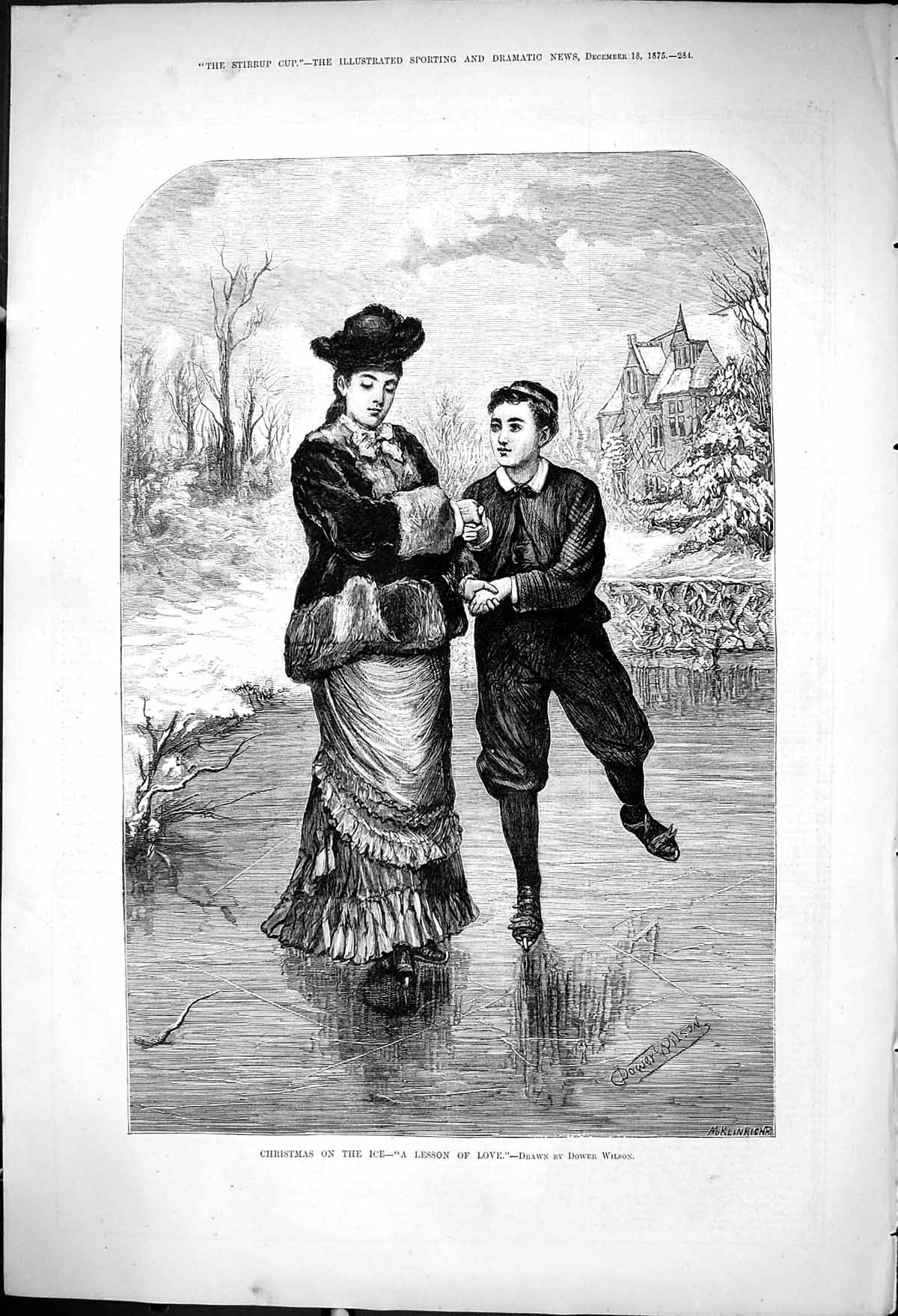 Old Antique Print 1875 Christmas Ice Lesson Love Skating Man Lady Romance 19th