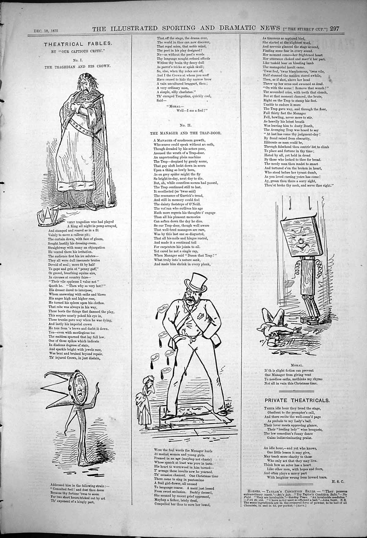 Old Print 1875 Captious Critic Theatre Tragedian Crown Theatrical Fables 19th