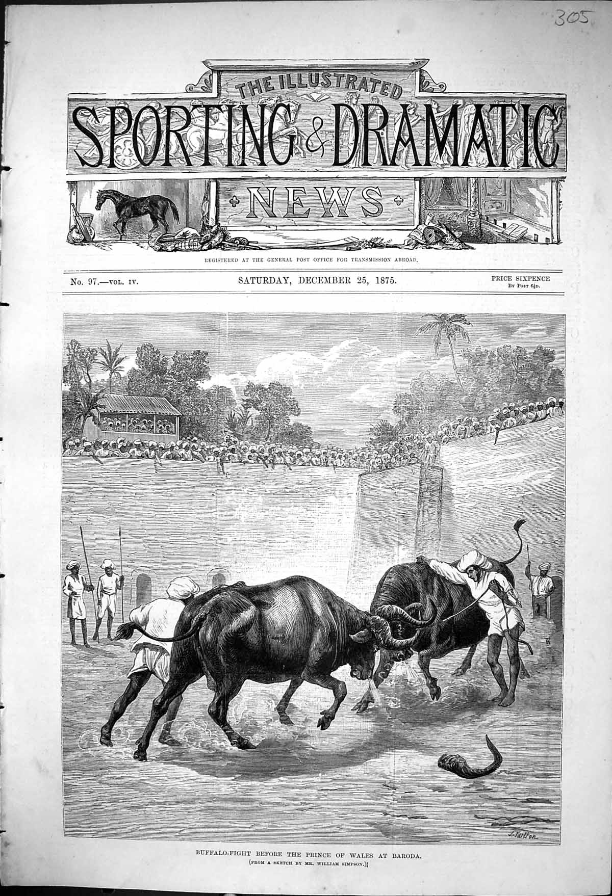 Original Old Antique Print 1875 Buffalo Fight Prince Wales Baroda Sport Animals