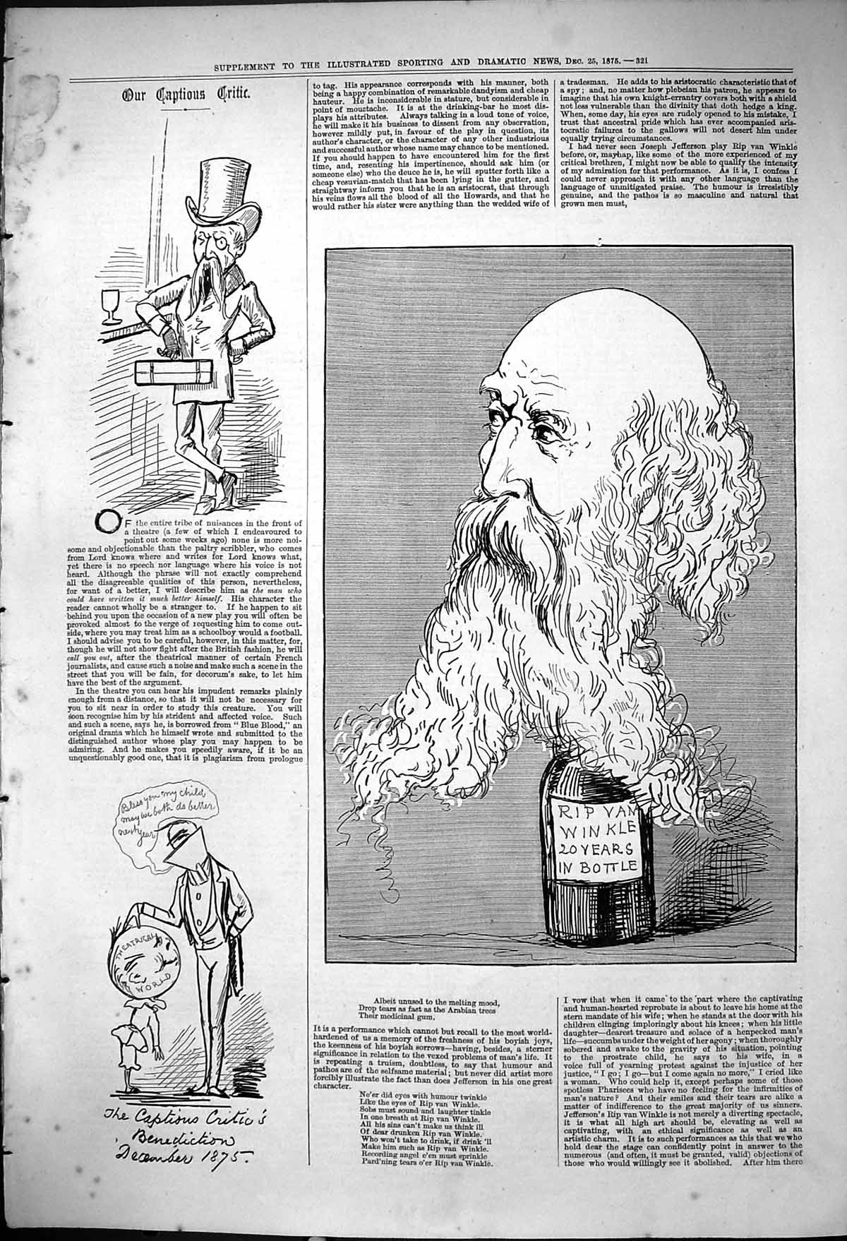 Old Antique Print 1875 Captious Critic Rip Van Winkle Theatre Benediction 19th