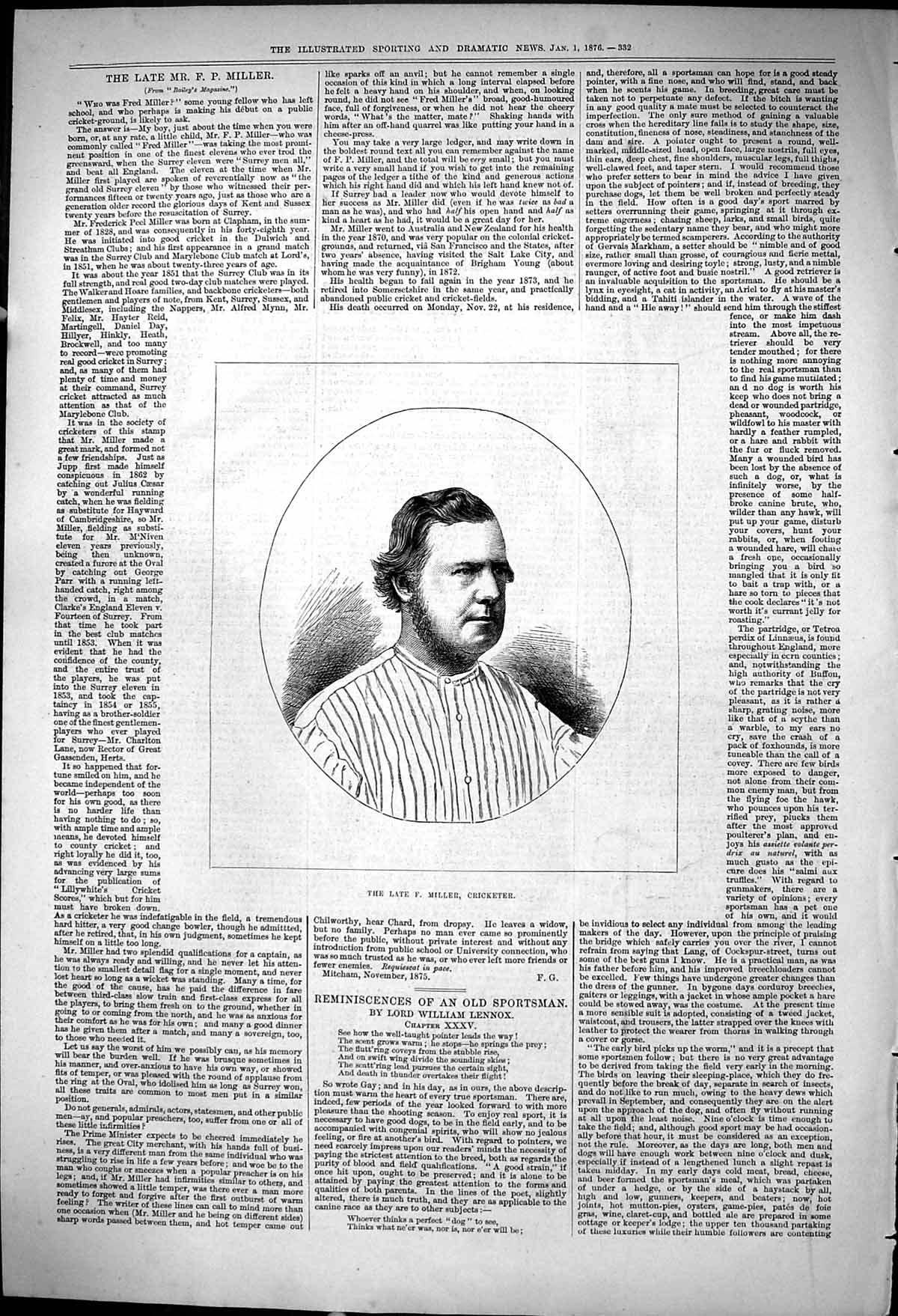 Original Old Antique Print 1876 Portrait Fred Miller Cricketer Sport Man 19th