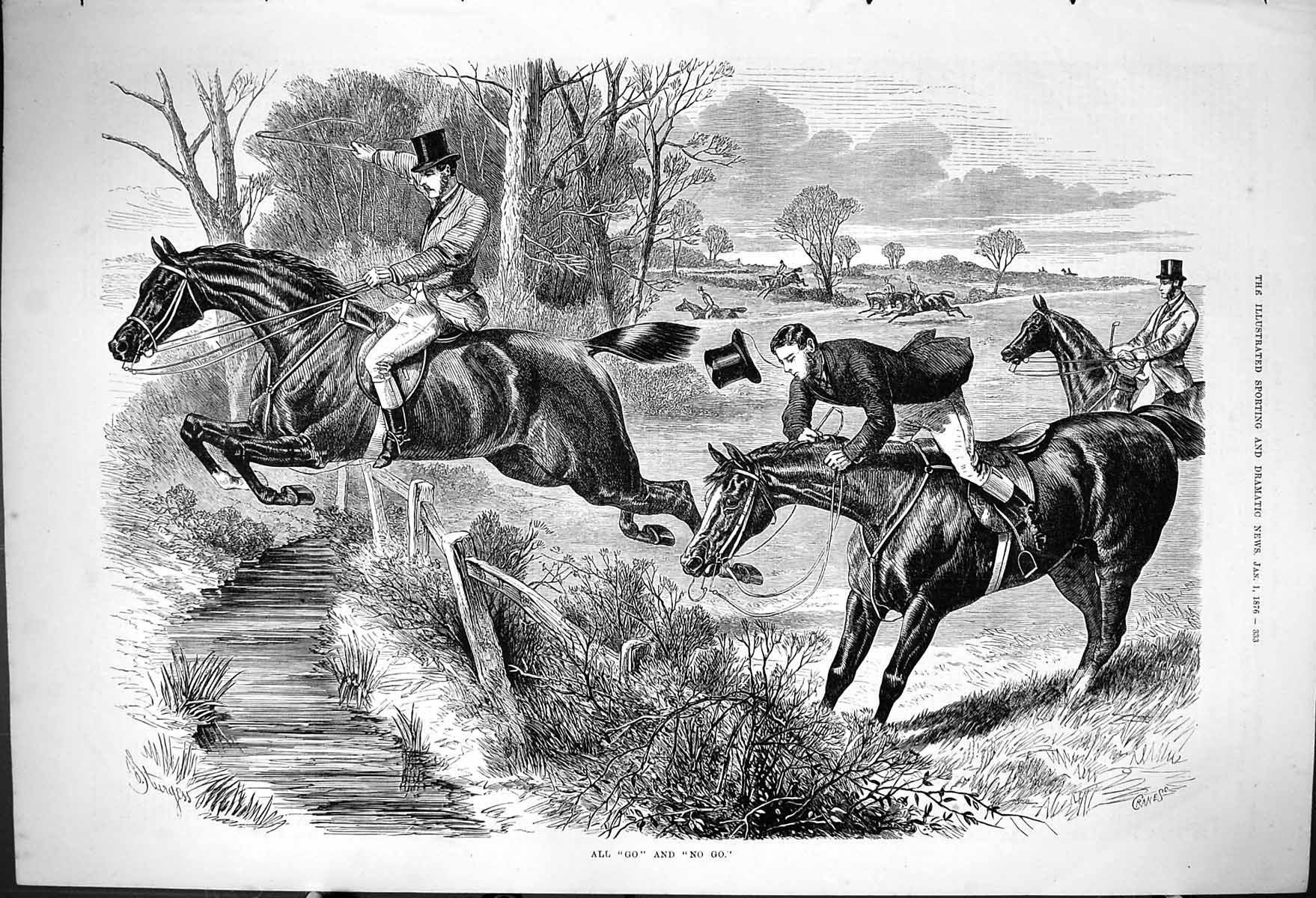 Original Old Antique Print 1876 Horses Hunting Jumping Fence Huntsmen Sport