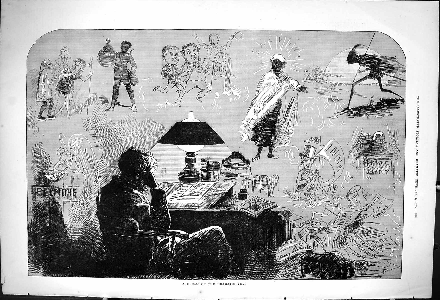 Original Old Antique Print 1876 Dream Dramatic Year Theatre India Grave Angel