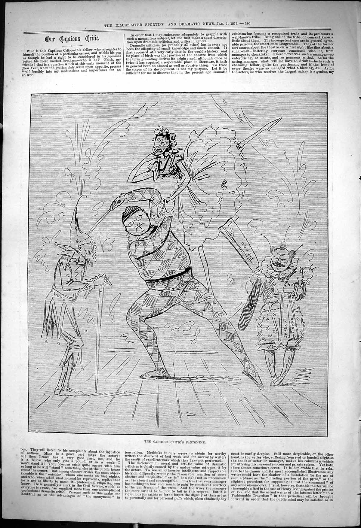 Original Old Antique Print 1876 Captious Critic Theatre Pantomime Clown Jester