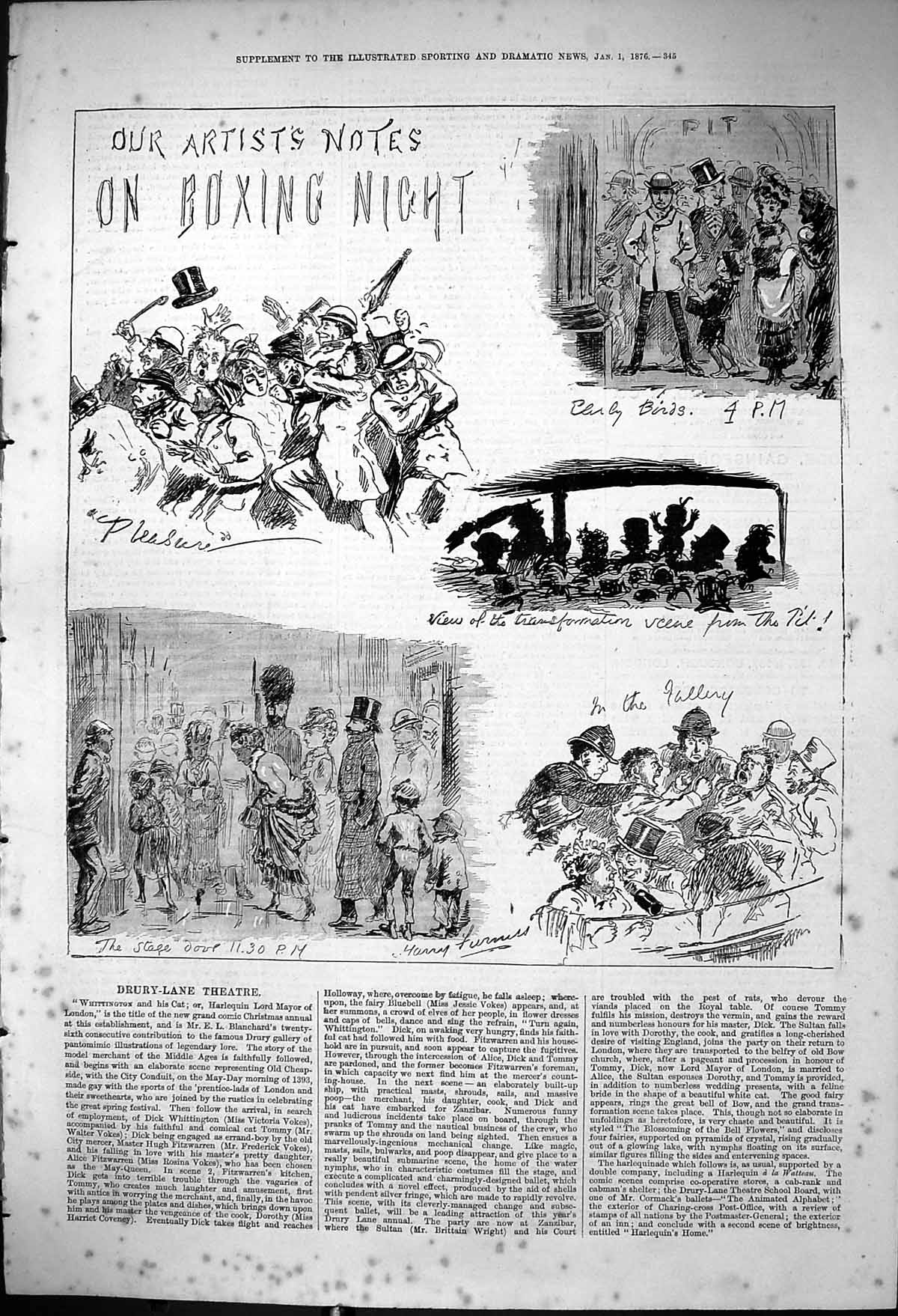 Antique Old Print 1876 Boxing Night Drury Lane Theatre Dick Whittington Cat
