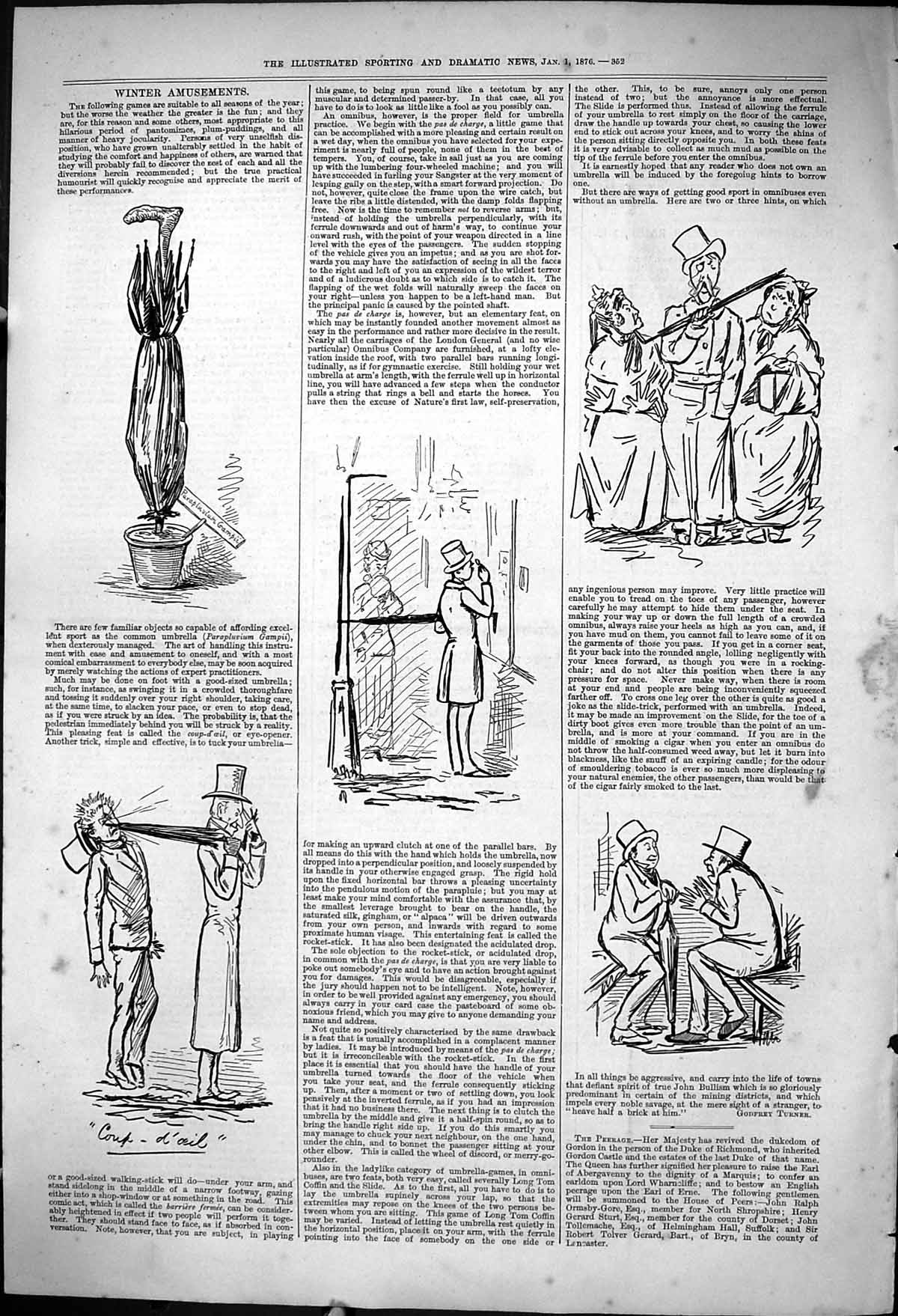 Original Old Antique Print 1876 Winter Amusements Sketches Men Umbrella 19th