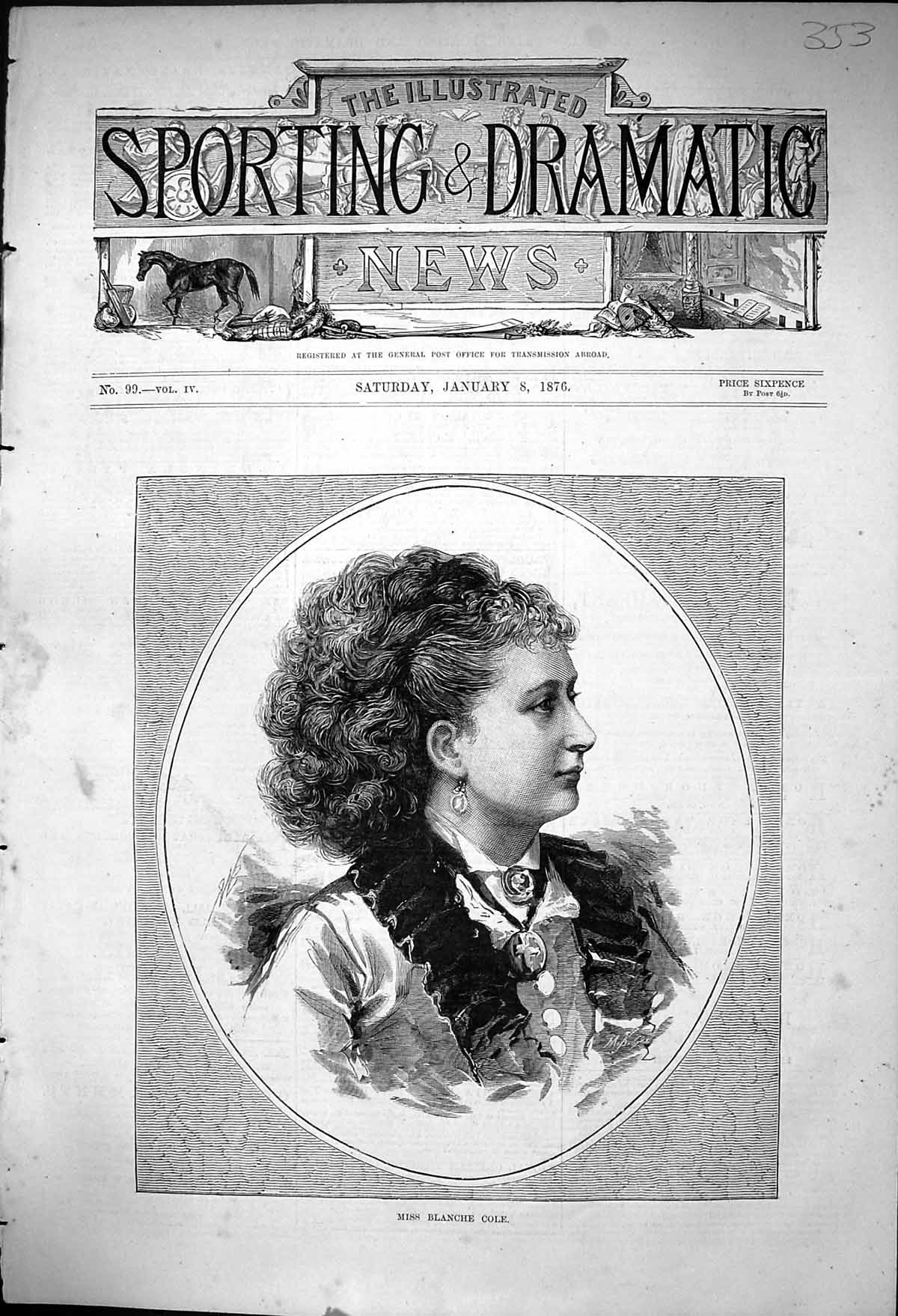 Original Old Antique Print 1876 Portrait Miss Blanche Cole Beautiful Woman 19th