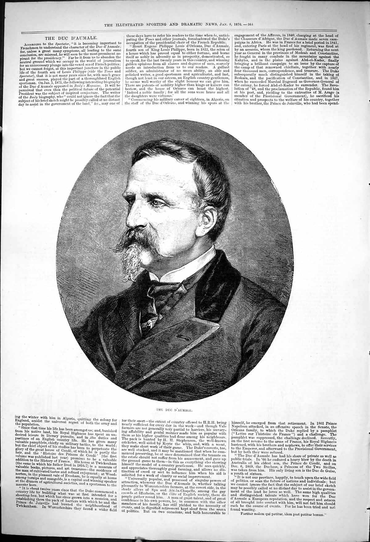 Original Old Antique Print 1876 Portrait The Duc D'Aumale Man 19th