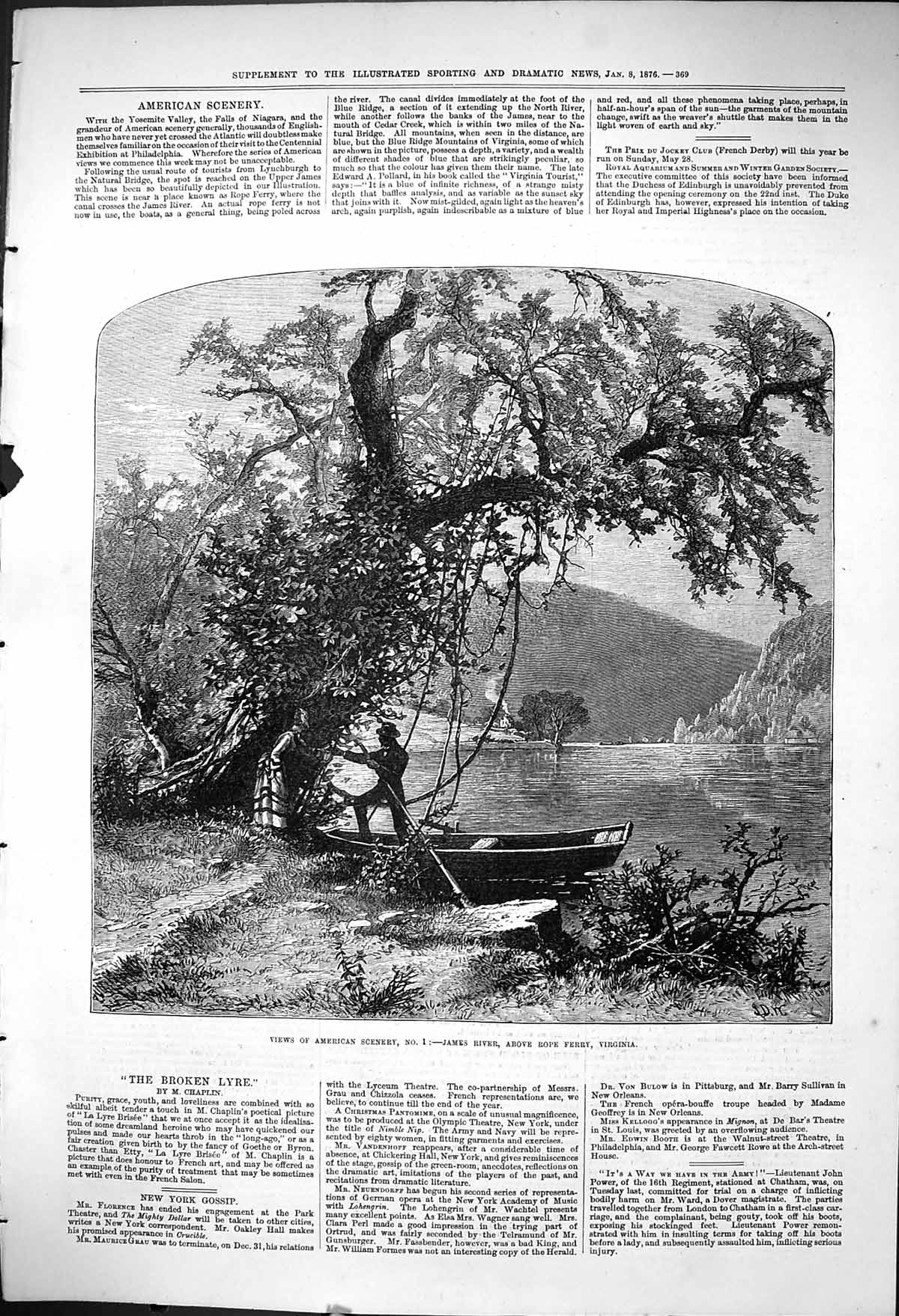 Antique Print 1876 American Scenery James River Rope Ferry Virginia America