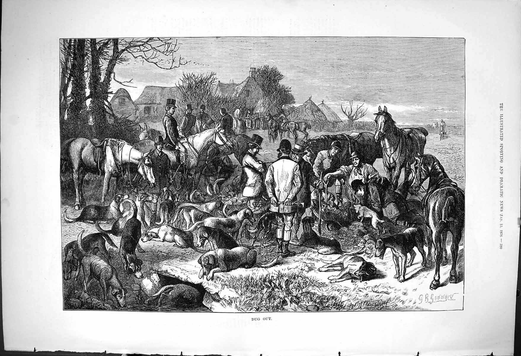Old Antique Print 1876 Dug Out Hunting Horses Hounds Dogs Huntsmen Sport 19th