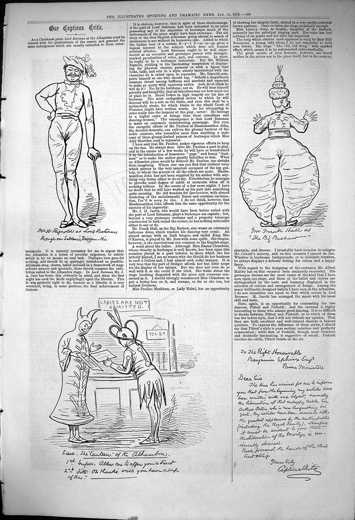 Original Old Antique Print 1876 Captious Critic Alhambra Theatre Frank Hall