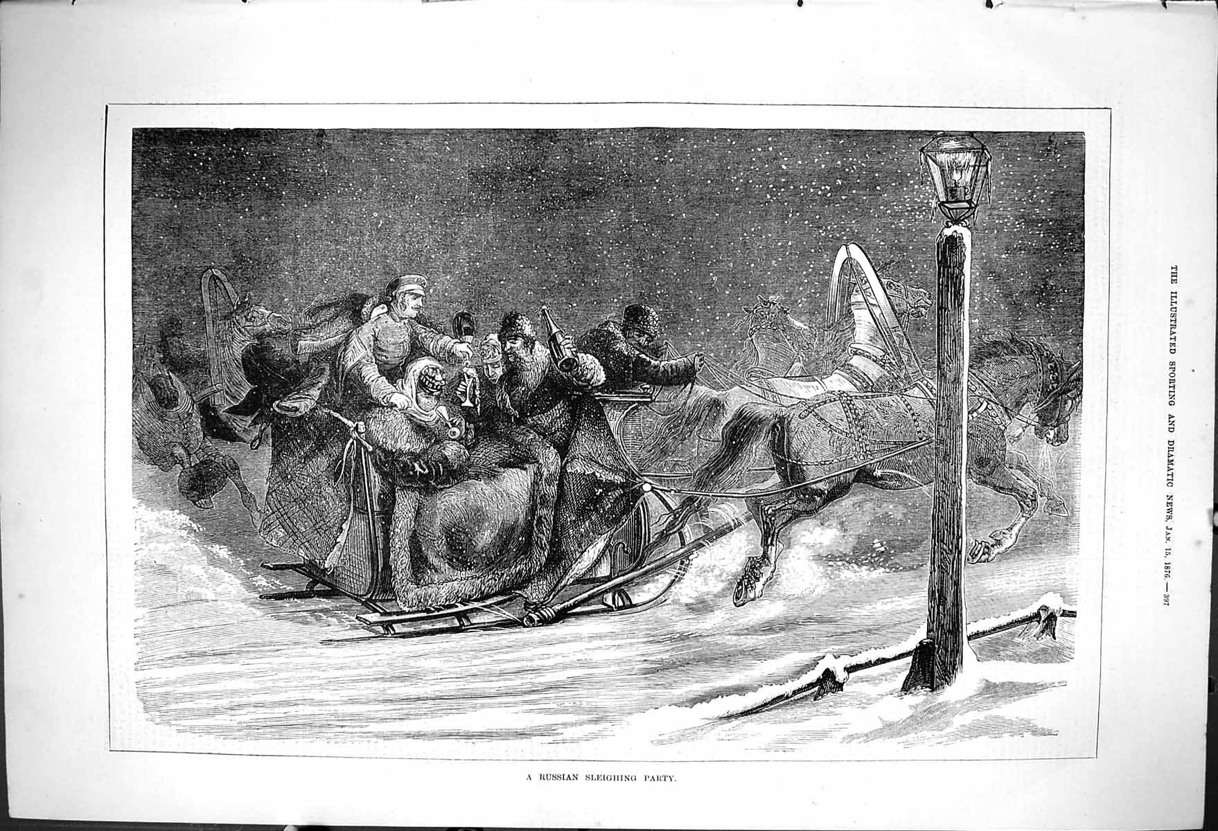 Antique Print 1876 Russian Sleighing Party Horses Sledge Snow Winter Scene 19th