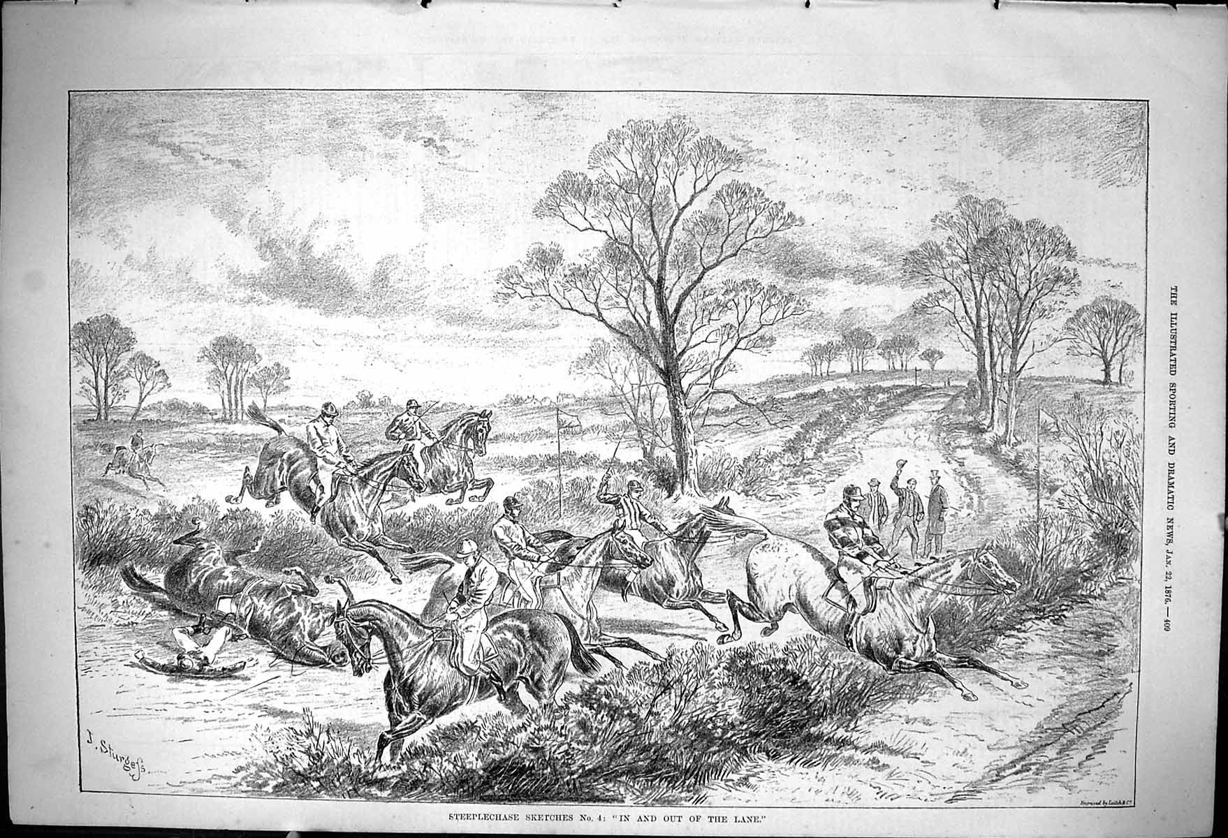 Old Antique Print 1876 Steeplechase Sketches Horses Jumping Jockeys Sport 19th
