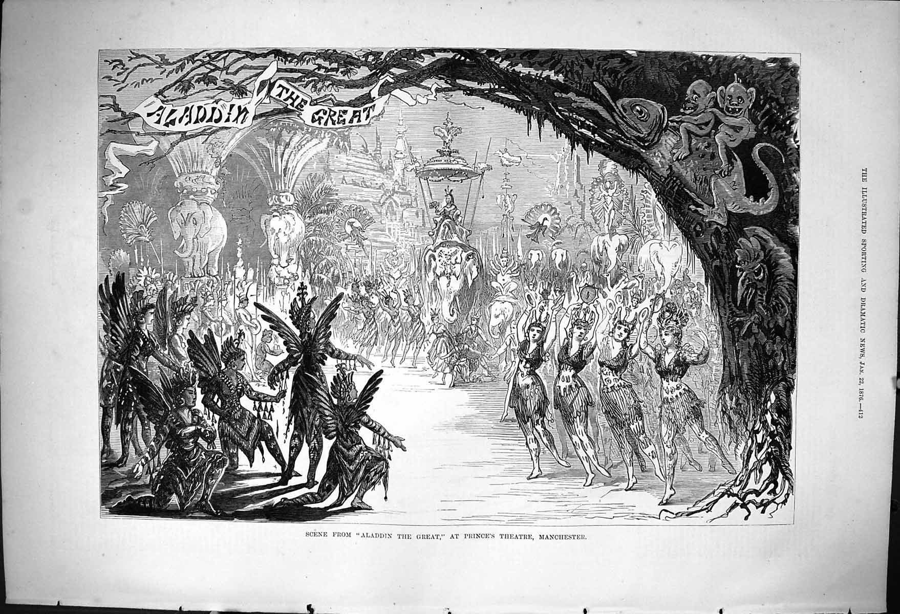 Antique Print 1876 Scene Aladdin Great Prince'S Theatre Manchester England 19th