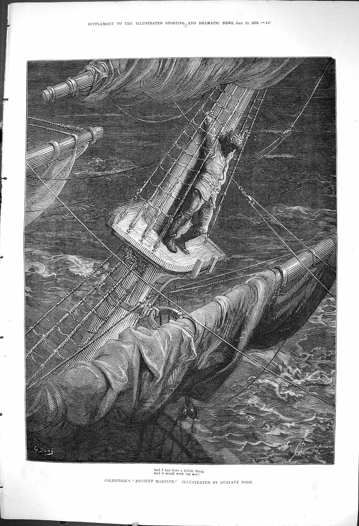 Old 1876 Coleridge Ancient Mariner Ships Man Standing Mast Gustave Do Victorian