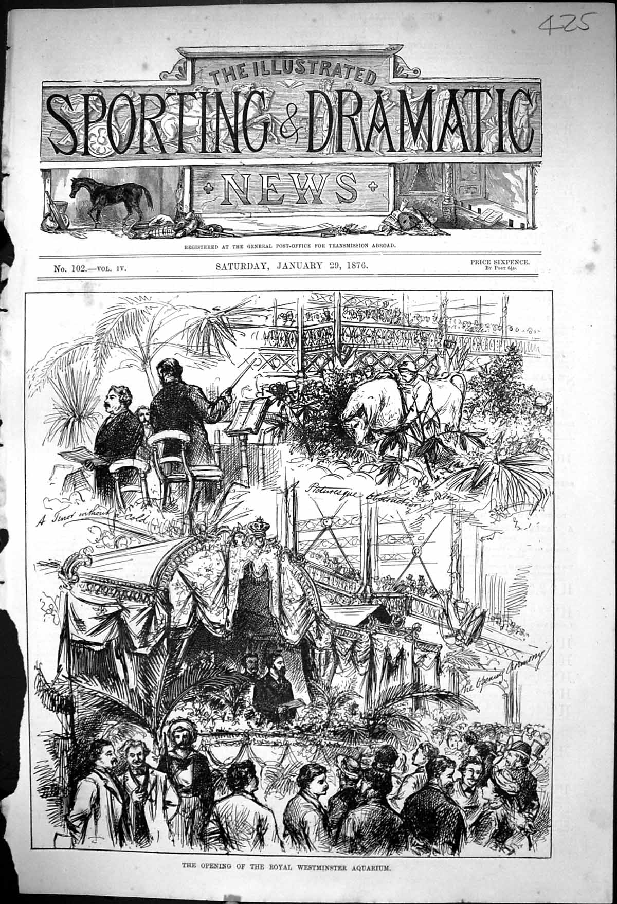 Old 1876 Opening Royal Westminster Aquarium London Music Entertainmen Victorian