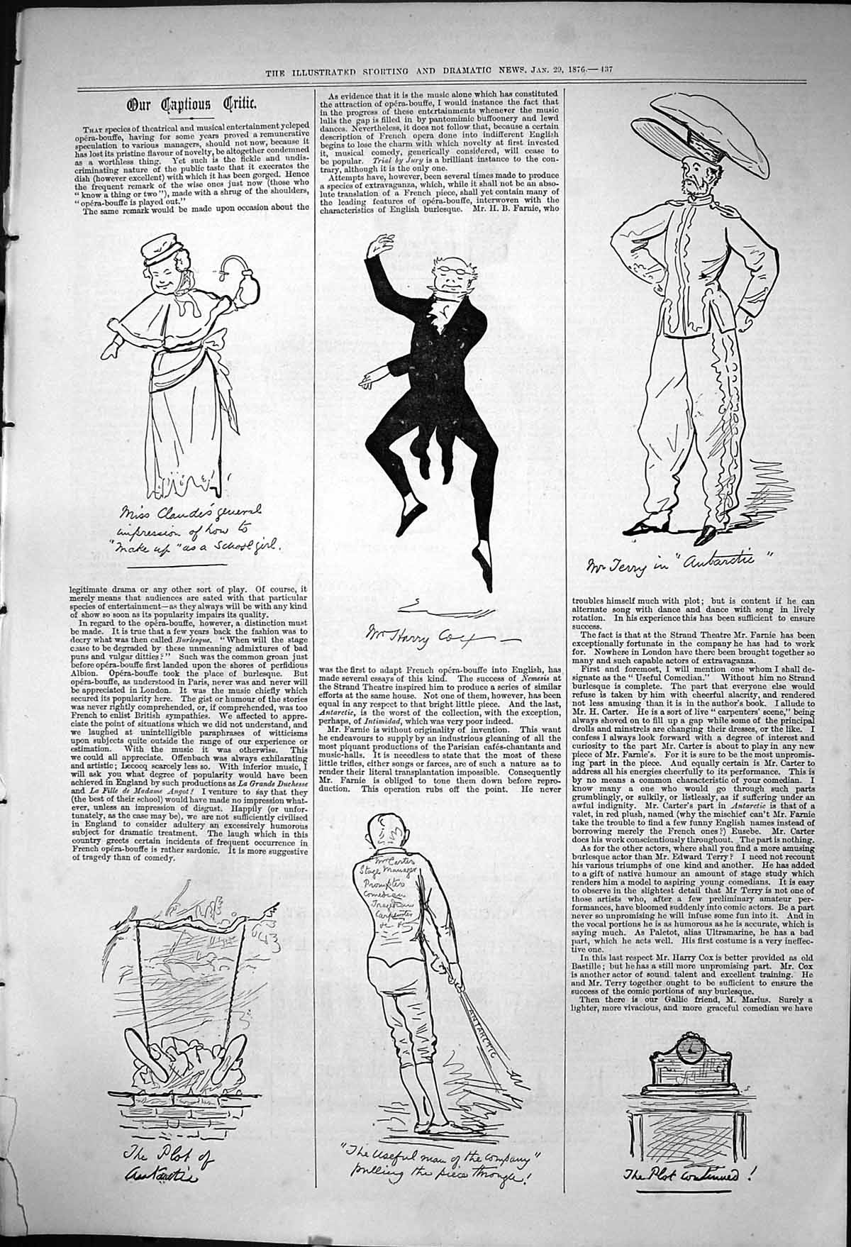 Old Print 1876 Captious Critic Theatre Harry Cox Jerry Claude School Girl 19th