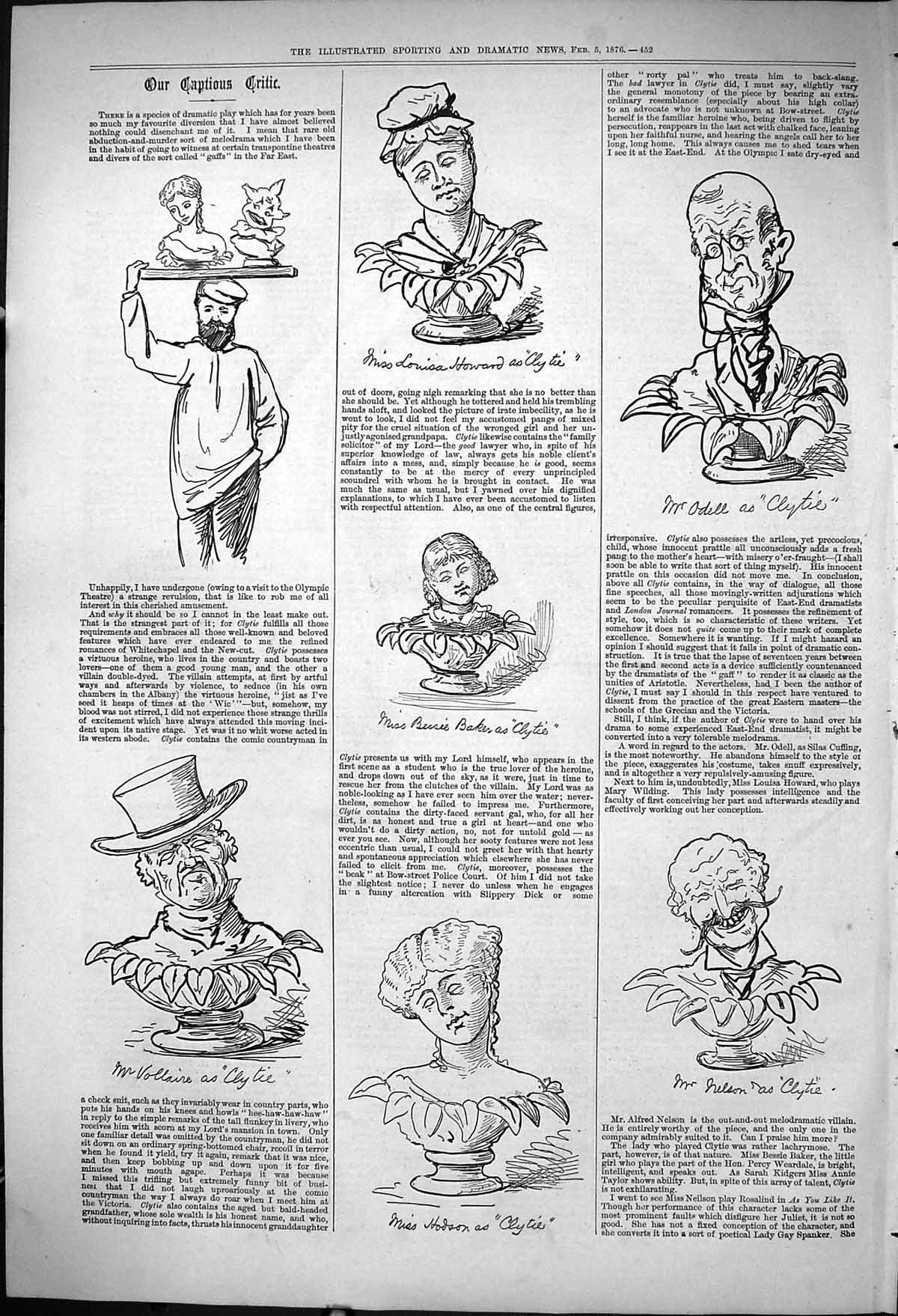 Old 1876 Captious Critic Theatre Dramatic Play Olympic Actors Hodson Victorian
