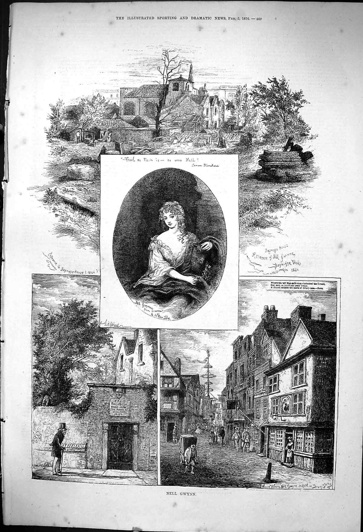 Antique Old Print 1876 Nell Gwynn Portrait Drury Lane Bagnigge House Wells 19th