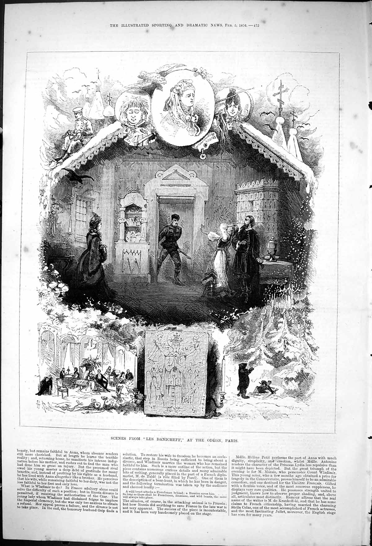 Original Old Antique Print 1876 Scene Les Danicheff Odeon Paris Theatre 19th