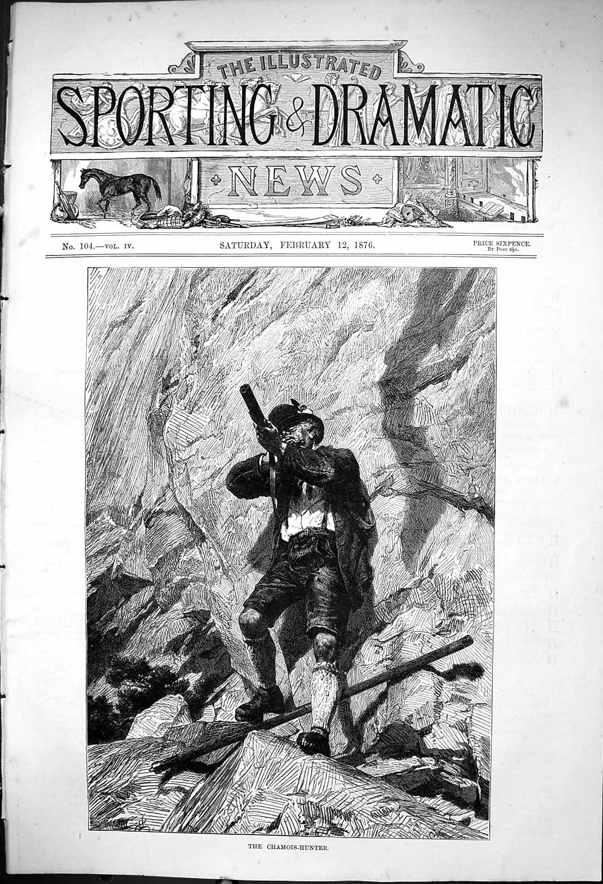 Original Old Antique Print 1876 Chamois Hunting Man Mountain Sport Shooting