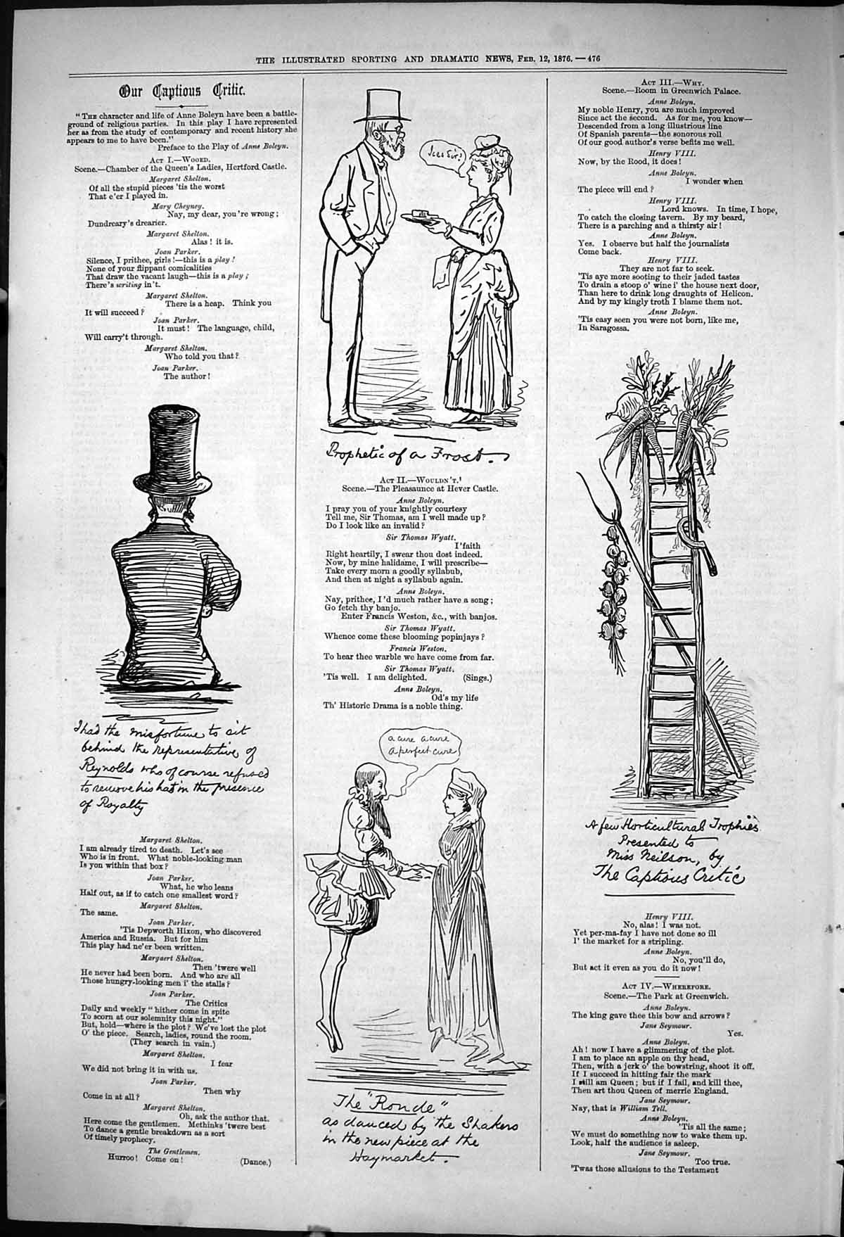 Original Old Antique Print 1876 Captious Critic Theatre Anne Boleyn Actors 19th