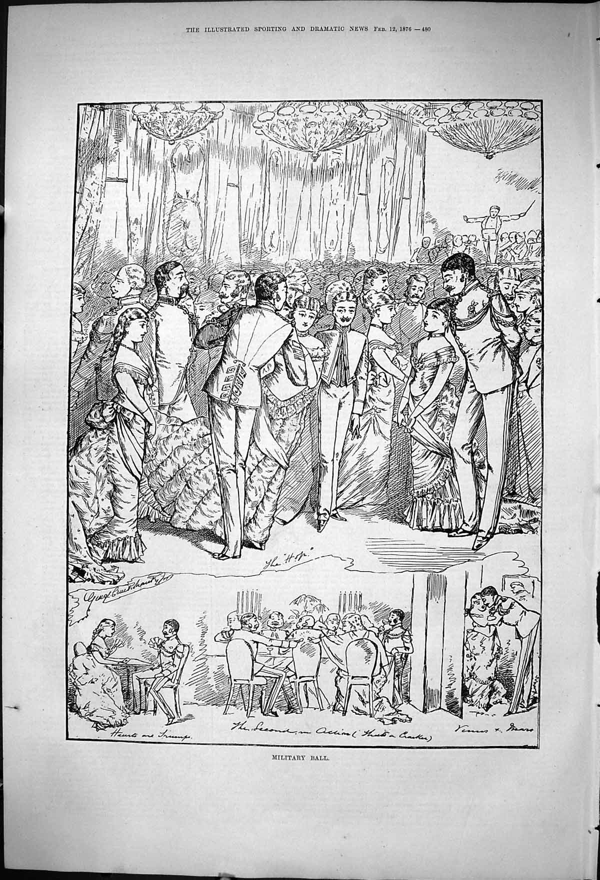 Original Old Antique Print 1876 Military Ball Men Ladies Dancing Romance 19th
