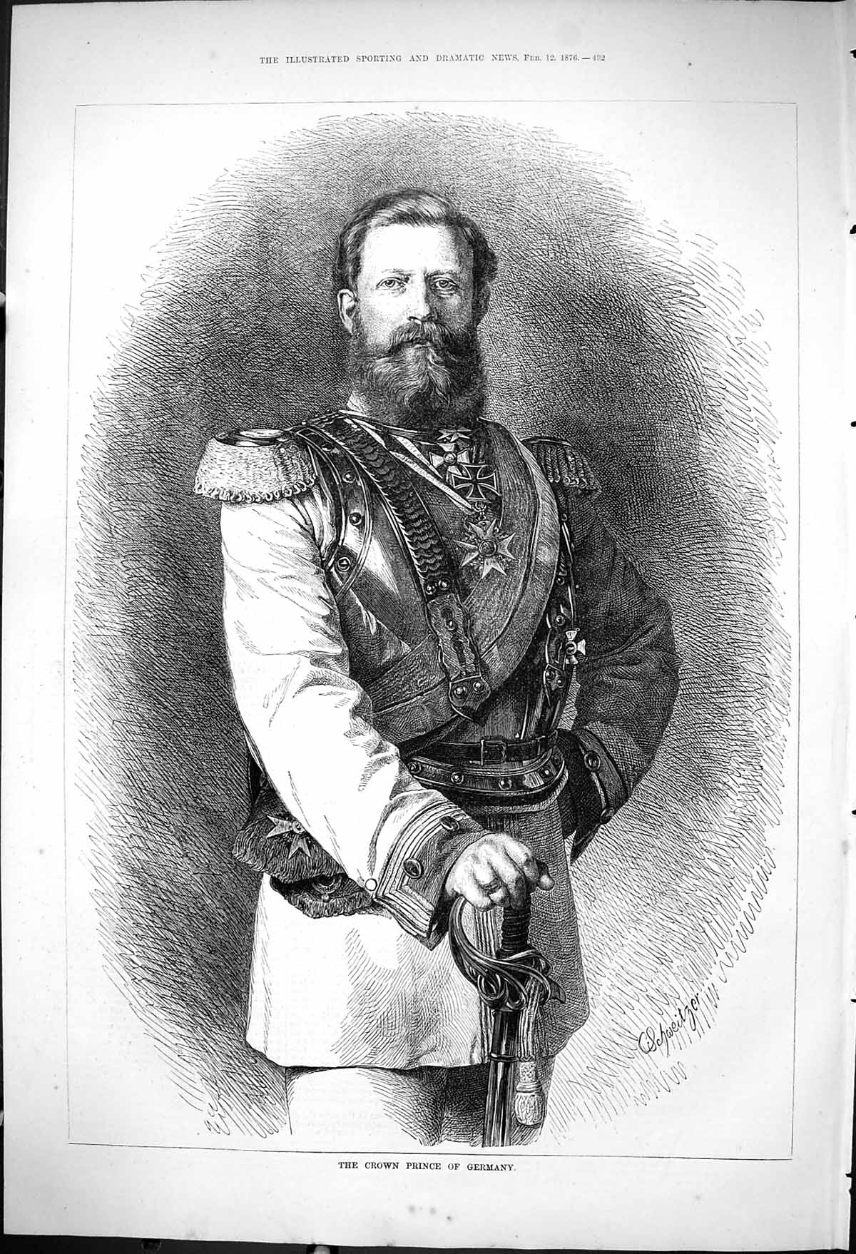 Original Old Antique Print 1876 Portrait Crown Prince Germany War Uniform 19th