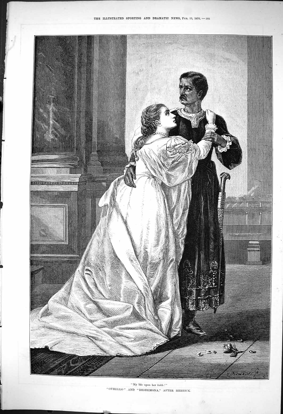 Old Print 1876 Portrait Othello Desdemona Herrick Theatre Actors Romance 19th