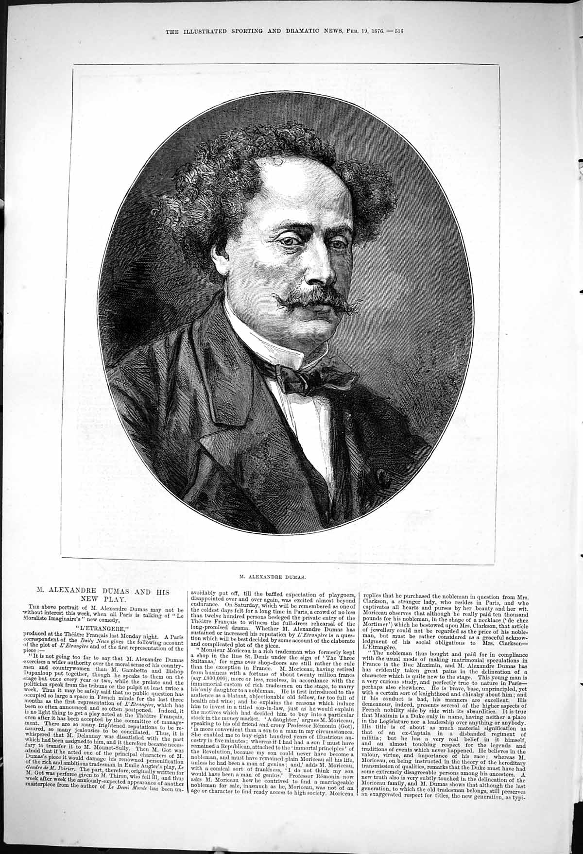 Original Old Antique Print 1876 Portrait M. Alexandre Dumas Theatre Play 19th
