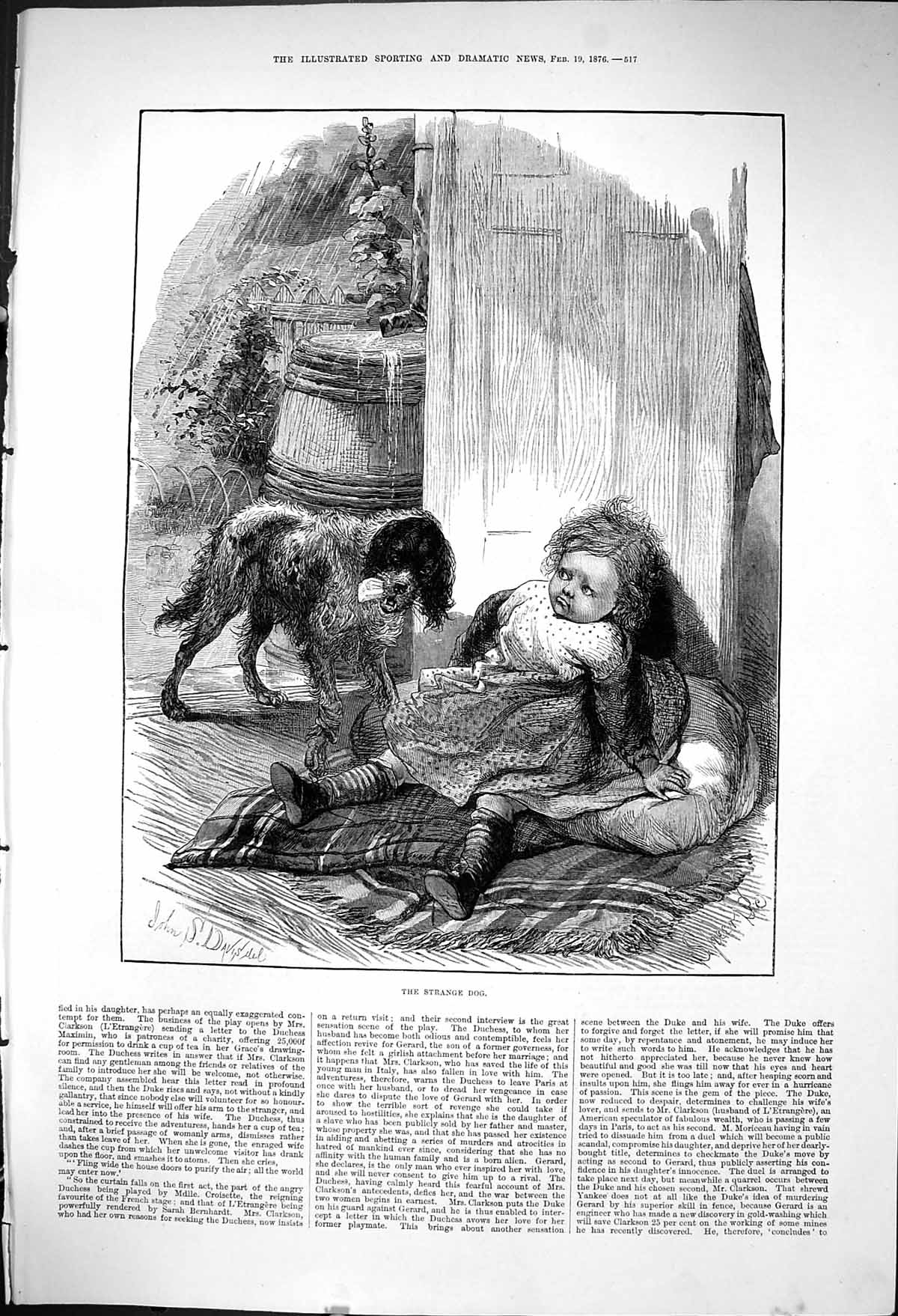 Original Old Antique Print 1876 Young Girl Strange Dog Animal Pet Victorian