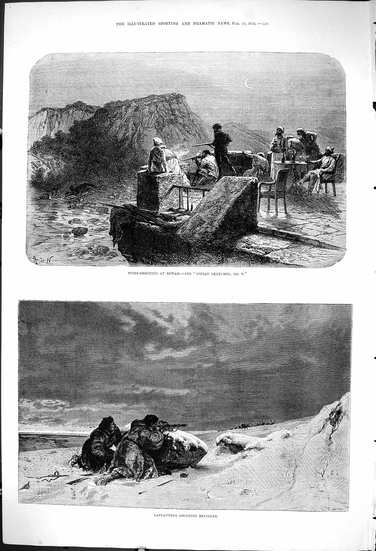 Old 1876 Tiger Shooting Rewah India Sport Laplanders Hunting Reindeer Victorian