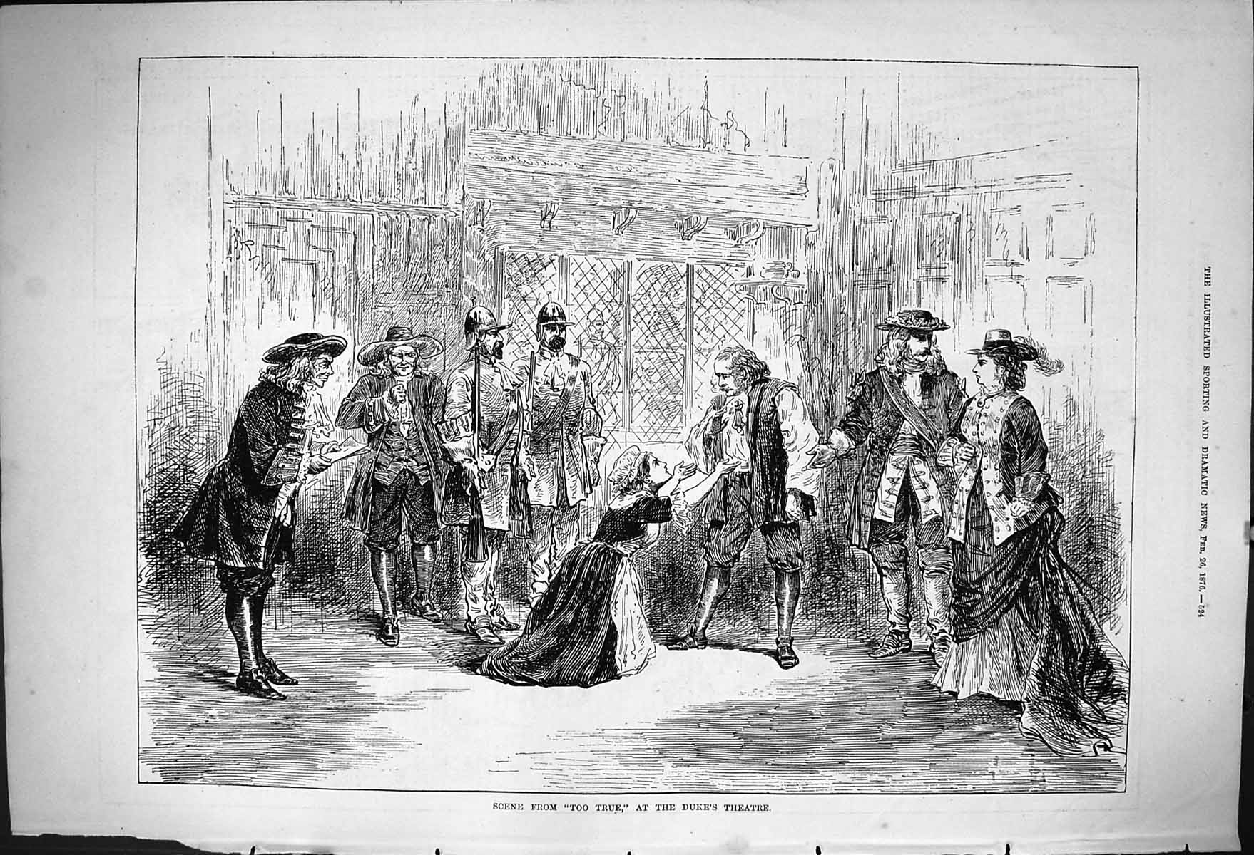 Original Old Antique Print 1876 Scene Too True Duke'S Theatre Actors Romance