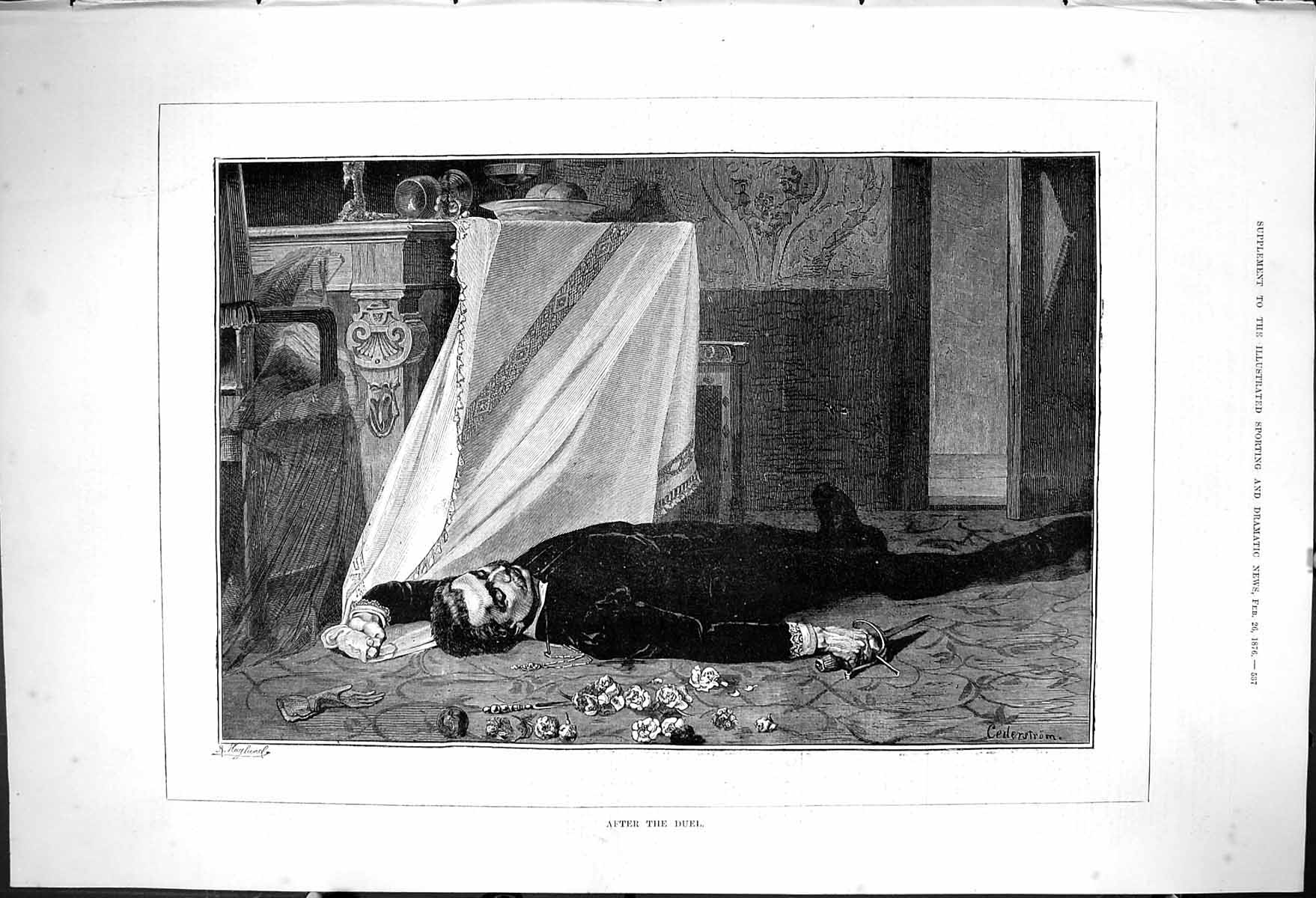 Original Old Antique Print 1876 Dead Man After The Duel Cederstrom Victorian