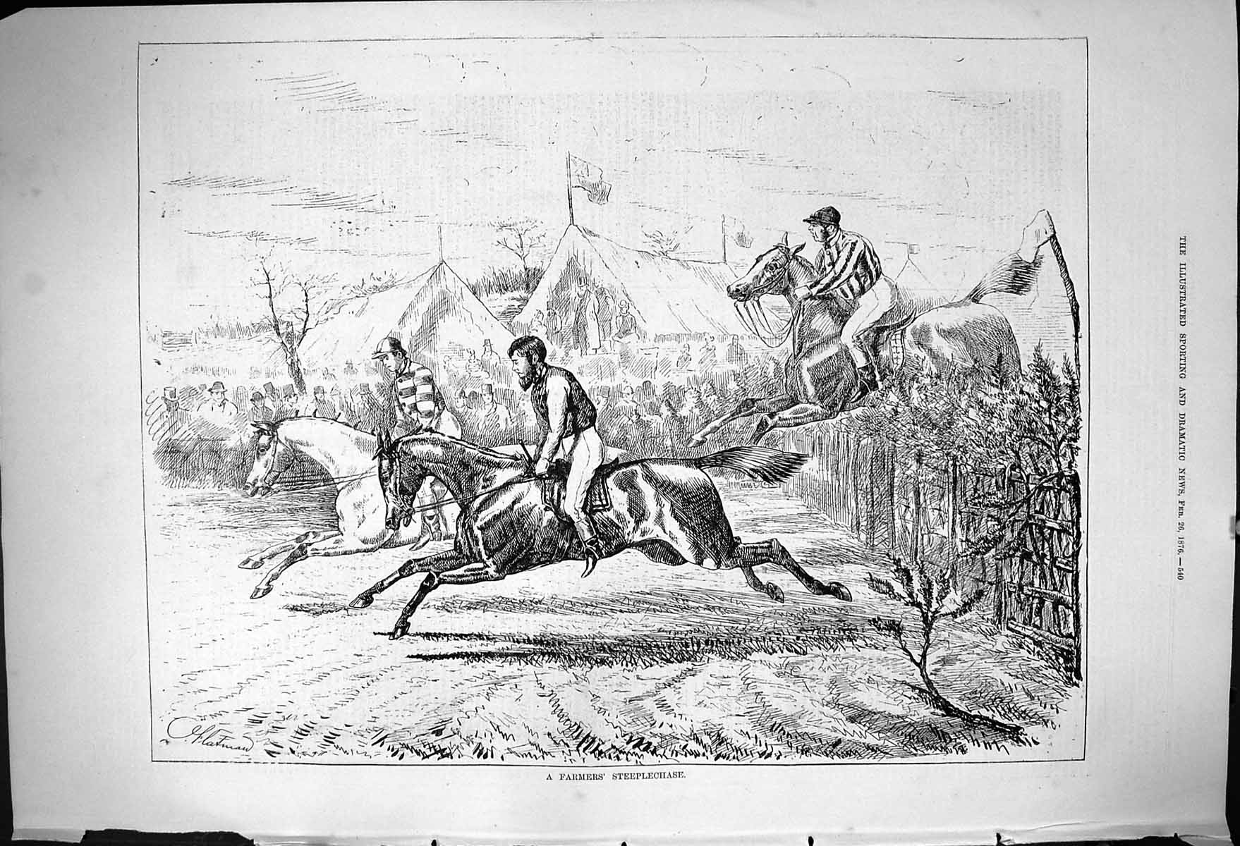 Antique Print 1876 Farmers Steeplechase Horse Racing Jumping Jockeys Sport 19th