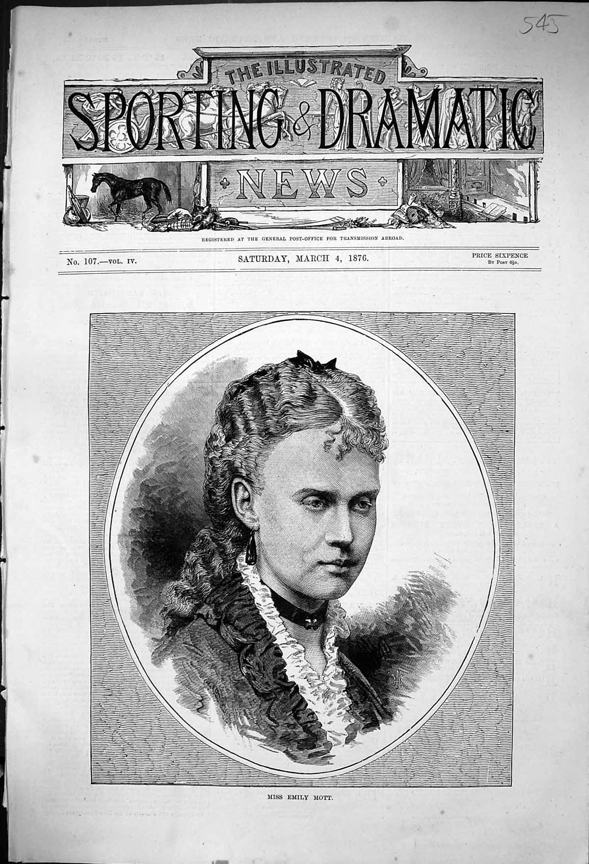 Original Old Antique Print 1876 Portrait Miss Emily Mott Beautiful Woman 19th