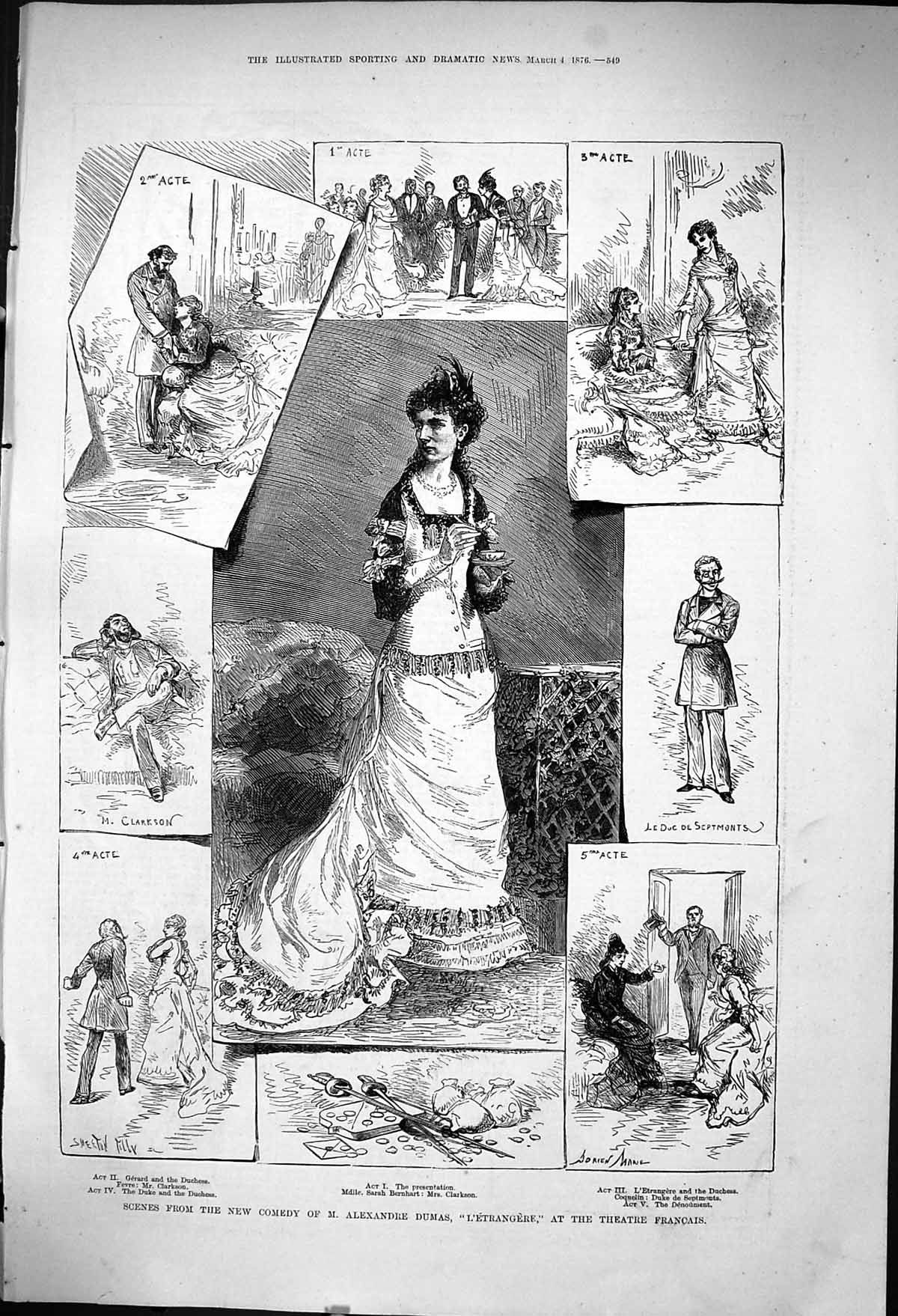 Old 1876 Scene Comedy Alexandre Dumas L'Etrangere Theatre Francaise B Victorian