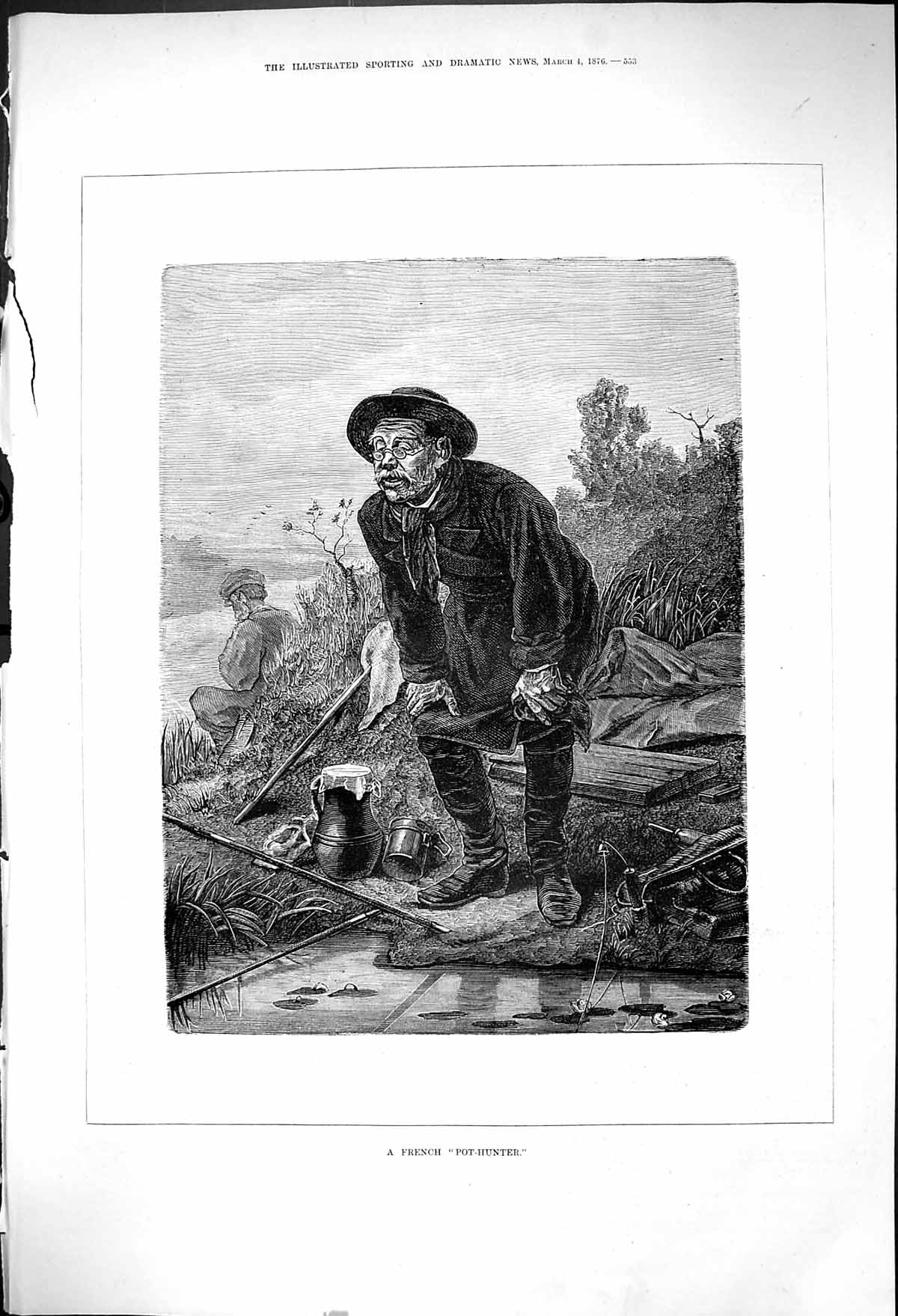 Original Old Antique Print 1876 French Pot Hunter Man Fishing River Scene 19th