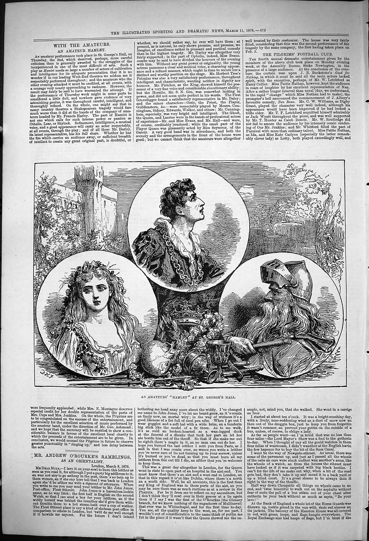 Old Antique Print 1876 Amateurs Hamlet Theatre St. George'S Hall Actors 19th