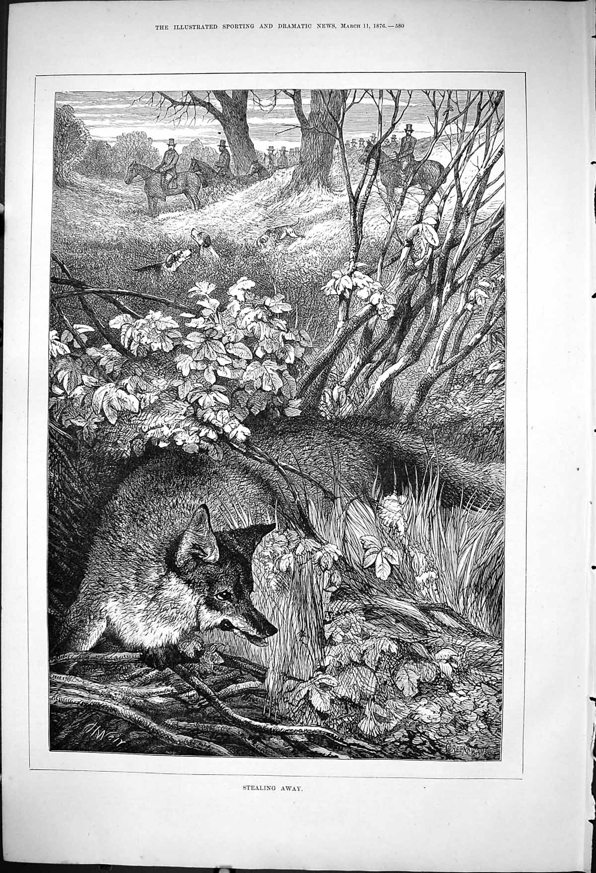 Antique Old Print 1876 Stealing Away Fox Hunting Sport Horses Hounds Huntsmen