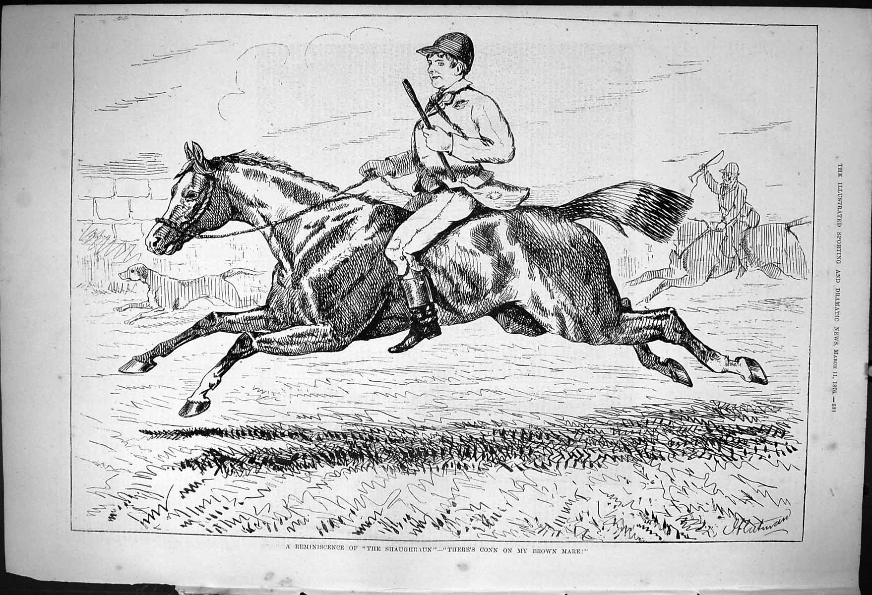 Old Print 1876 Shaughraun Horse Hunting Brown Mare Hounds Huntsmen Sport 19th