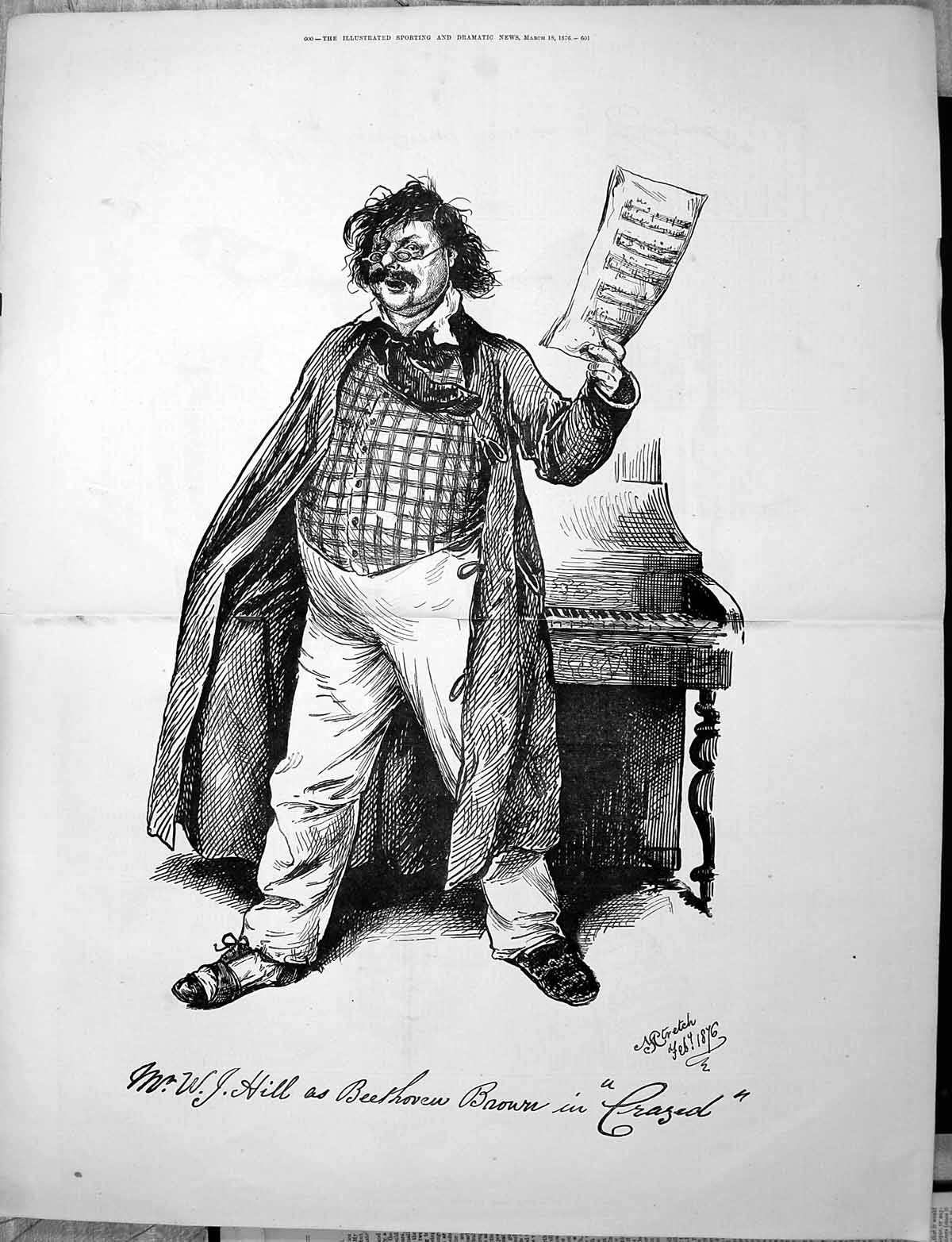 Antique Old Print 1876 Portrait Mr Hill Beethoven Brown Crazed Theatre Actor