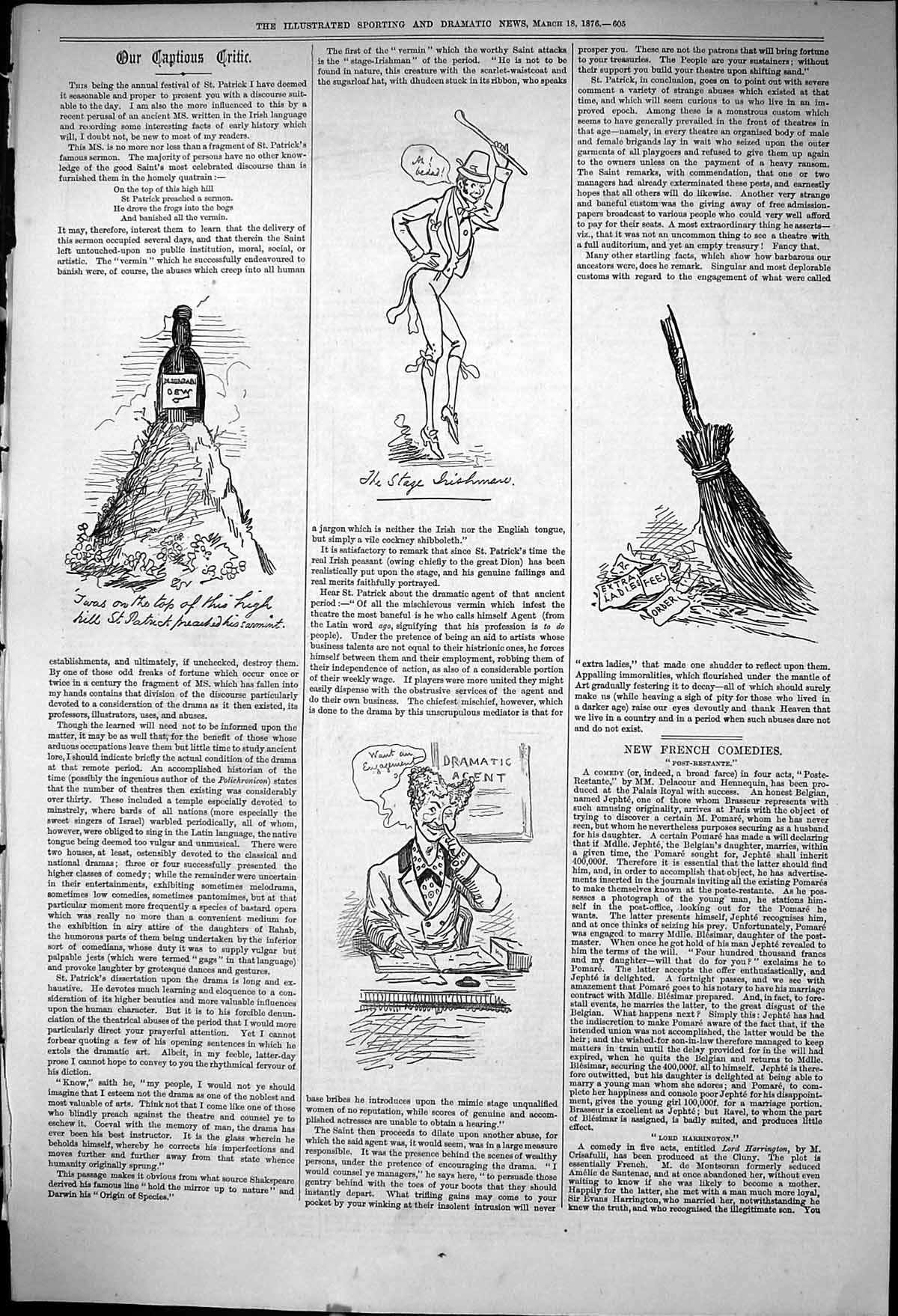 Old 1876 Captious Critic Theatre Stage Irishman Festival St. Patrick Victorian